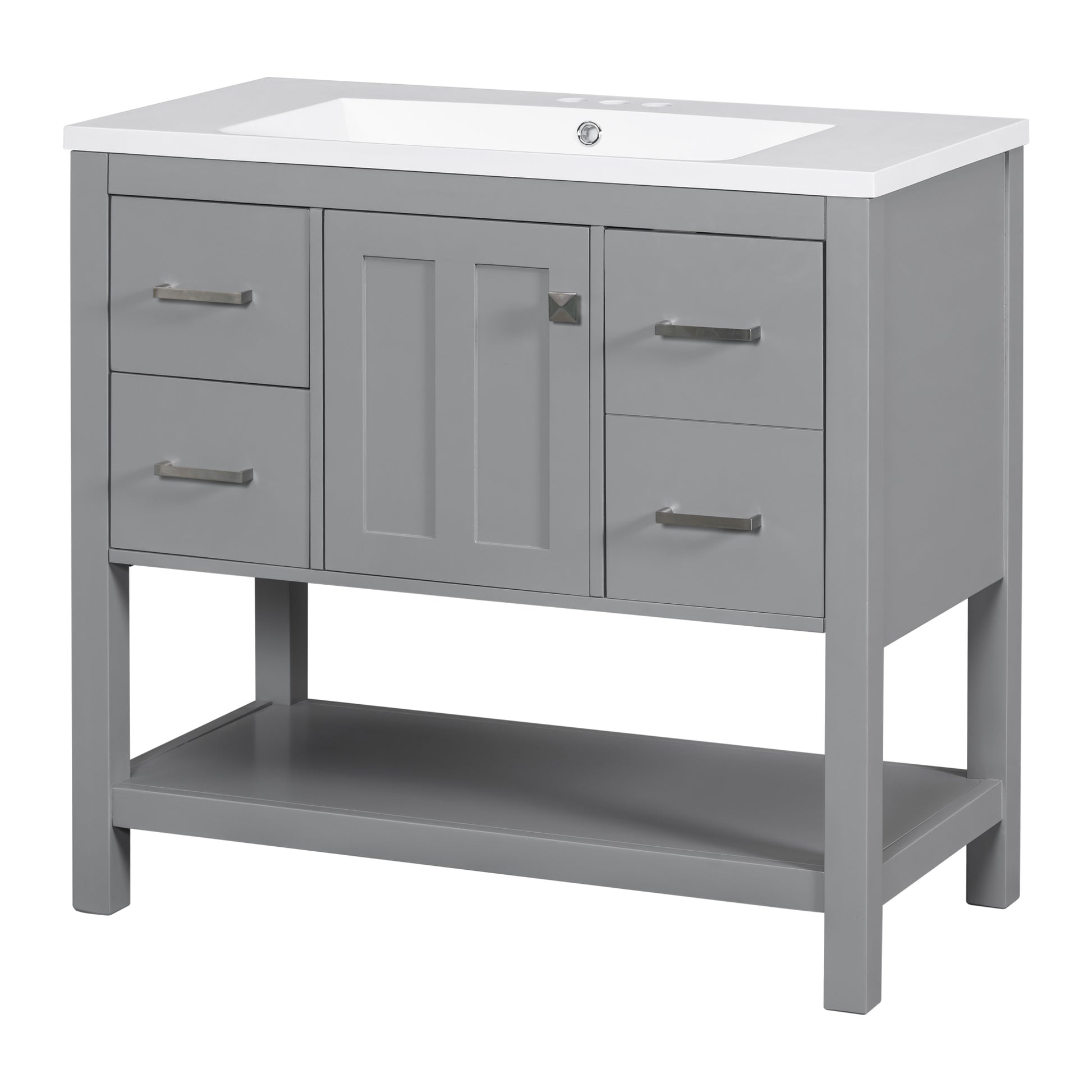 36" Gray Modern Bathroom Vanity With Usb,Two Shallow Drawers, One Deep Drawer,One Door,Single Resin Sink,Small Bathroom Organization Cabinet Gray Solid Wood Mdf Resin