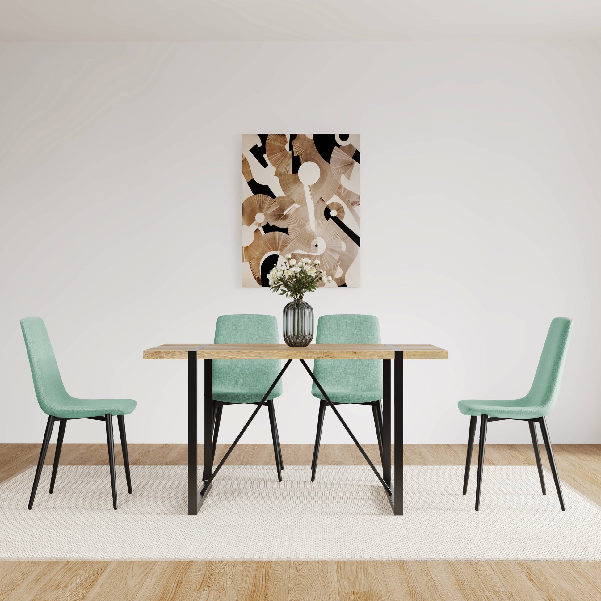 55" Mdf Wood Colour Dining Table And Modern Dining Chair Set Of 4, Mid Century Wooden Kitchen Table Set, Metal Base & Legs, Dining Room Table And Linen Chairs Natural Wood Kitchen Mid Century Modern