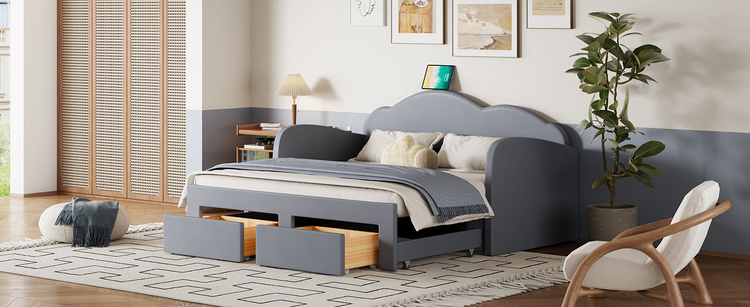 Twin Size Upholstered Daybed With Cloud Shaped Backrest, Trundle & 2 Drawers And Usb Ports, Gray Twin Gray Velvet