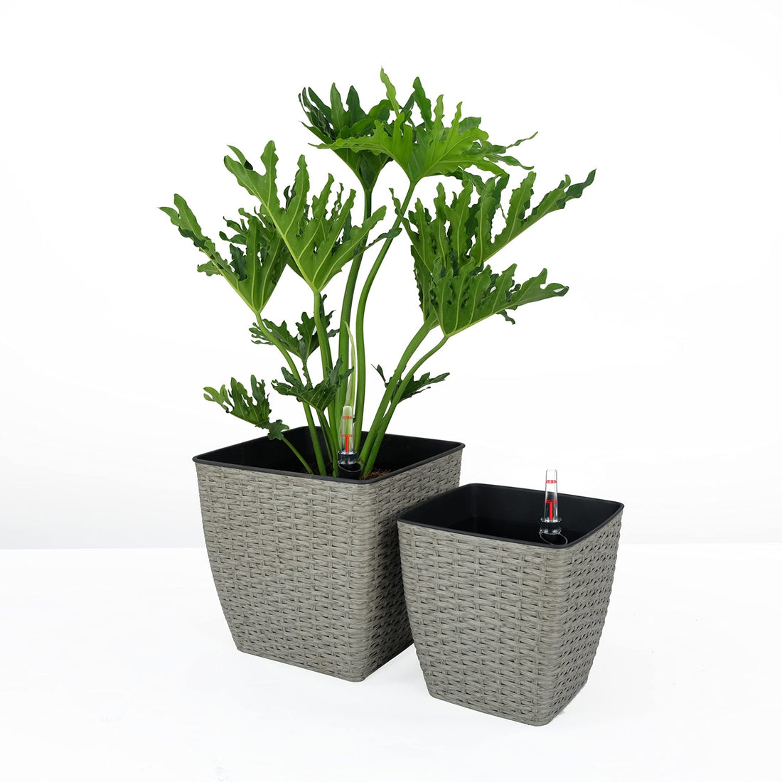 2 Pack Self Watering Planter Hand Woven Wicker Thin Square Gray Plastic Rattan