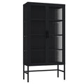 Double Glass Door Storage Cabinet With Adjustable Shelves And Feet Cold Rolled Steel Sideboard Furniture For Living Room Kitchen Black Black Tempered Glass