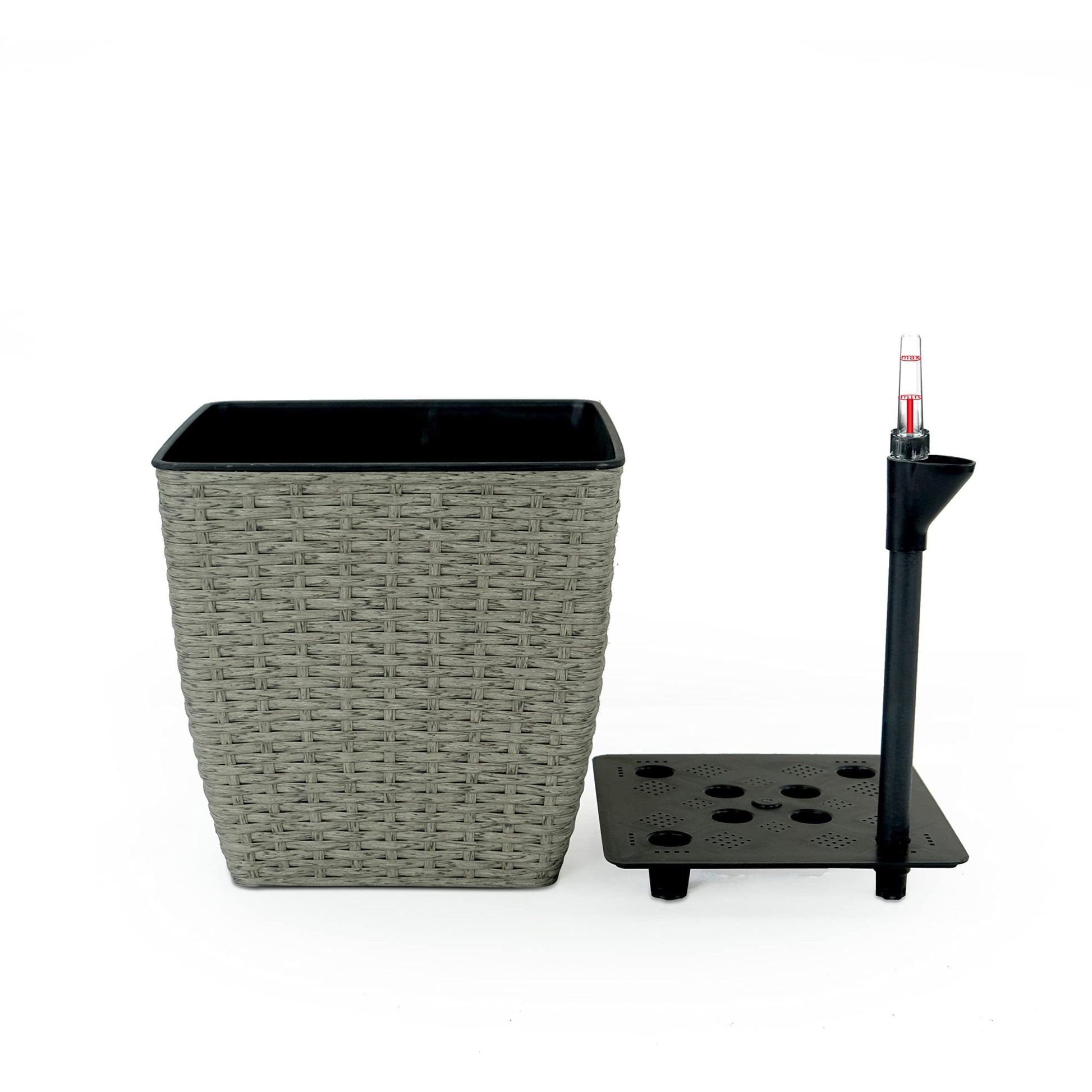 2 Pack Self Watering Planter Hand Woven Wicker Thin Square Gray Plastic Rattan
