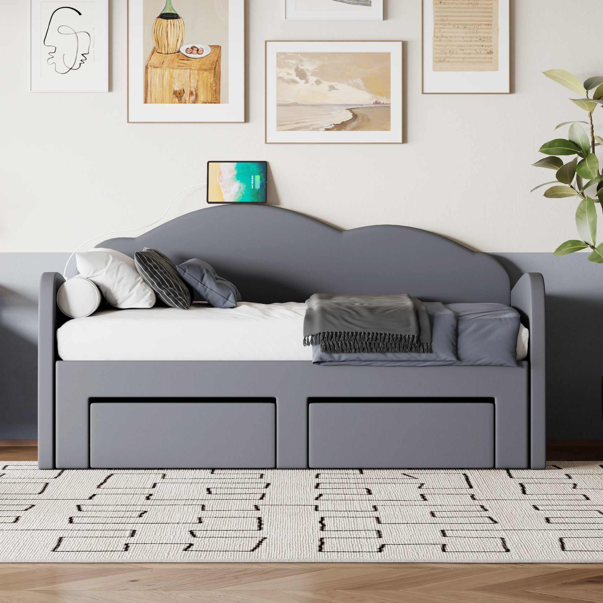 Twin Size Upholstered Daybed With Cloud Shaped Backrest, Trundle & 2 Drawers And Usb Ports, Gray Twin Gray Velvet