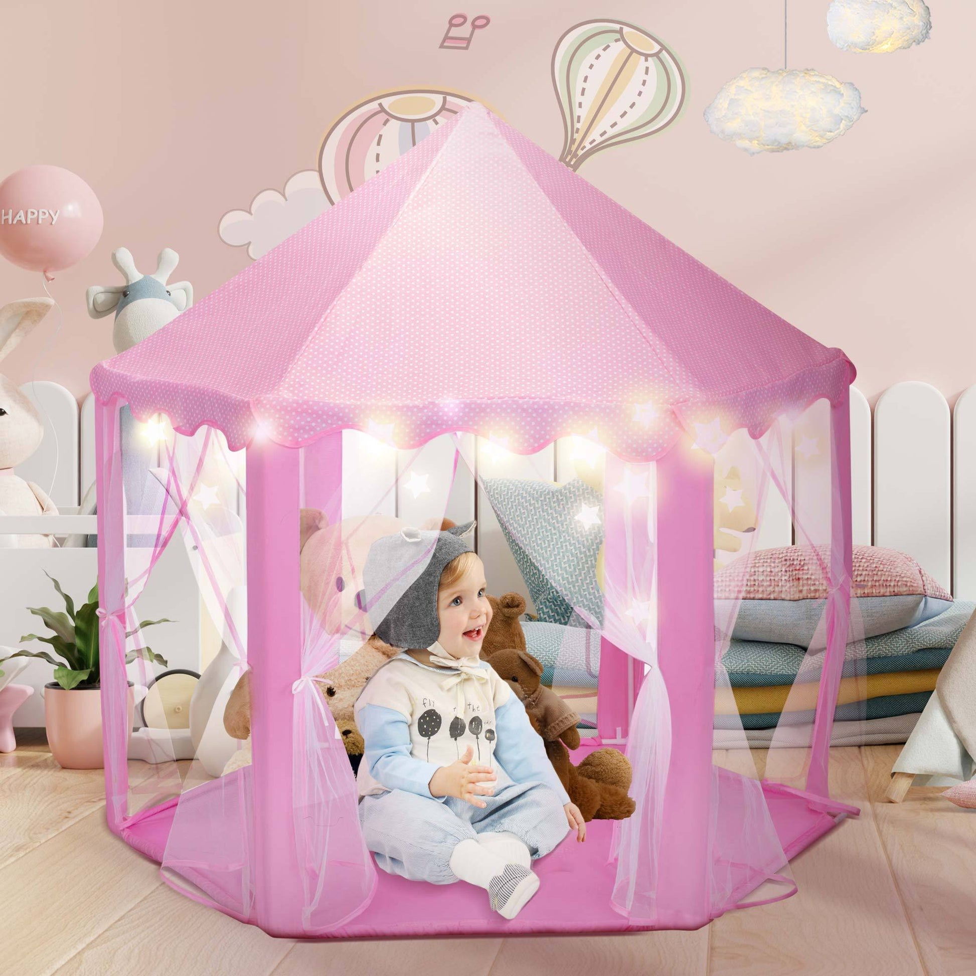 53"H Princess Castle Play Tent House With Led Star Lights For Kids, Indoor And Outdoor, Pink Pink Polyester