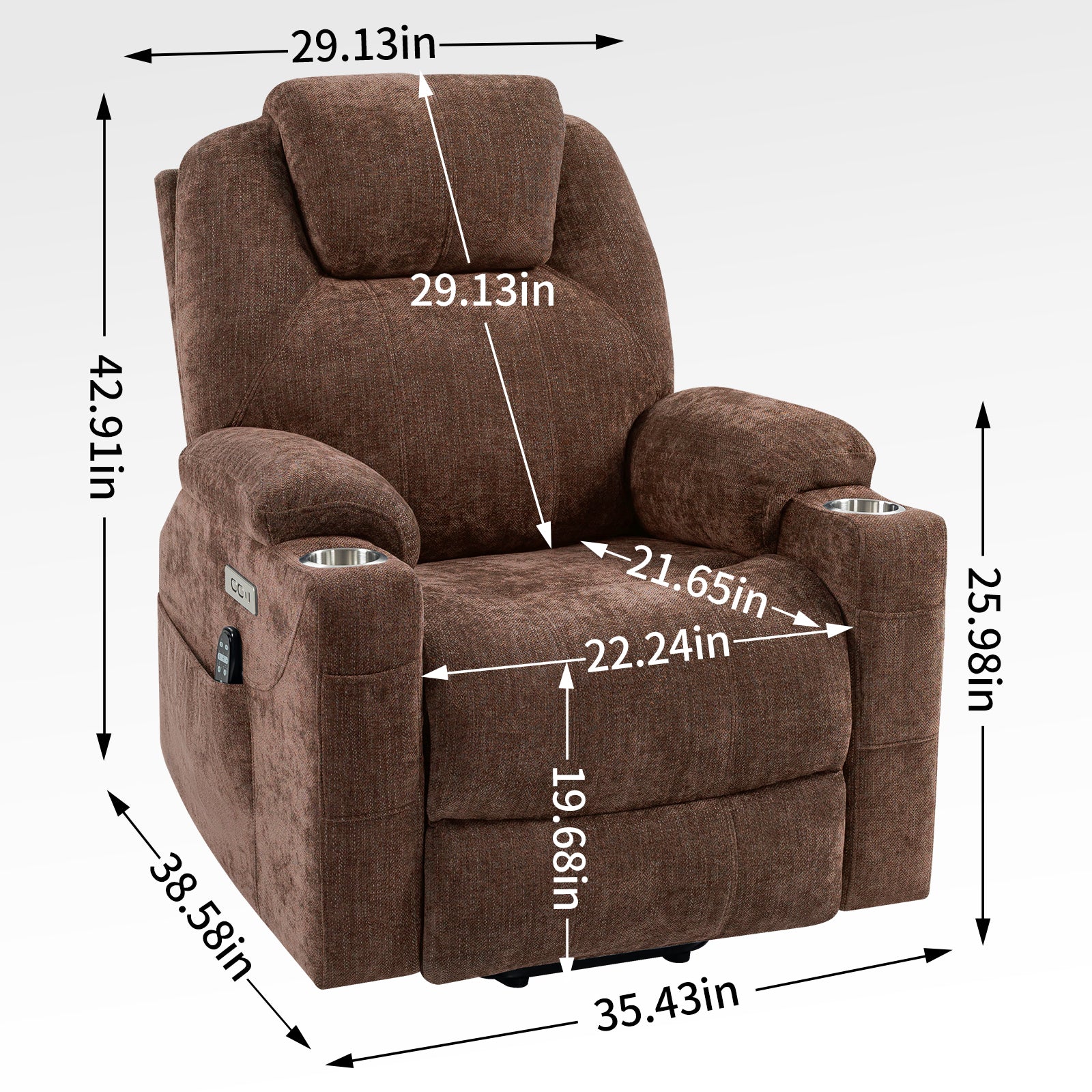 Up To 350 Lbs Chenille Power Lift Recliner Chair, Heavy Duty Motion Mechanism With 8 Point Vibration Massage And Lumbar Heating, Usb And Type C Ports, Stainless Steel Cup Holders, Brown White Metal Primary Living Space Heavy Duty Pine Brown Chenille