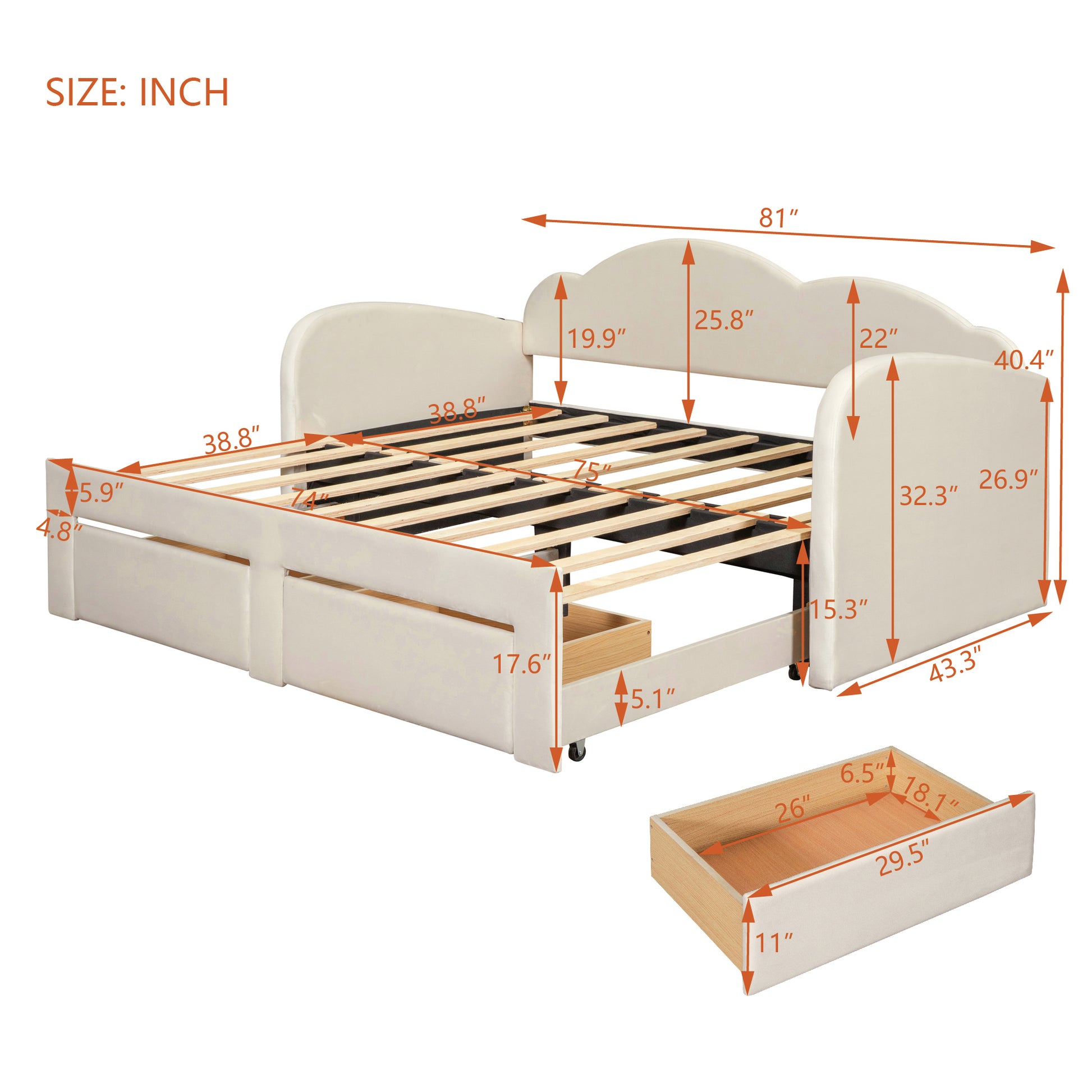 Twin Size Upholstered Daybed With Cloud Shaped Backrest, Trundle & 2 Drawers And Usb Ports, Beige Beige Velvet