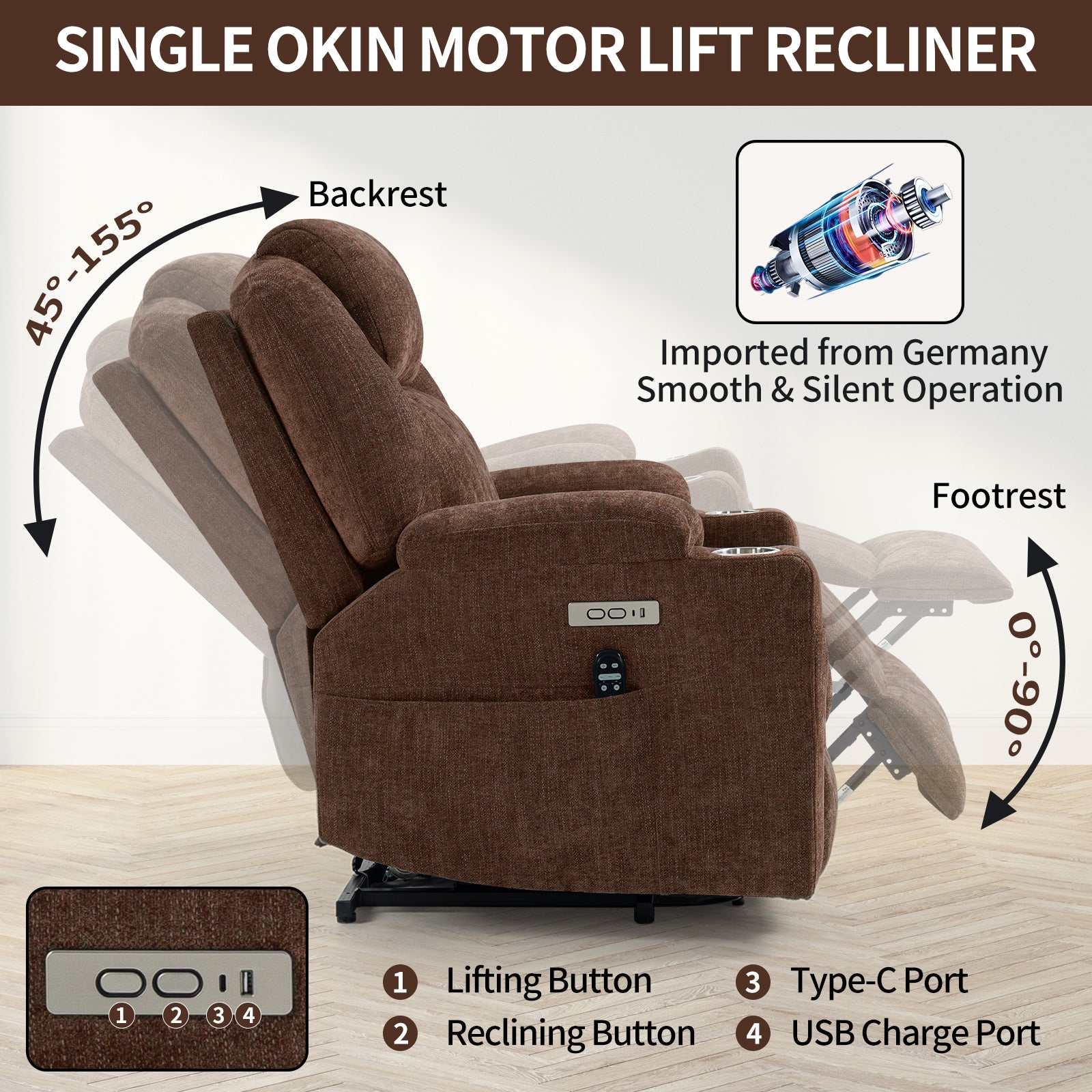 Up To 350 Lbs Chenille Power Lift Recliner Chair, Heavy Duty Motion Mechanism With 8 Point Vibration Massage And Lumbar Heating, Usb And Type C Ports, Stainless Steel Cup Holders, Brown White Metal Primary Living Space Heavy Duty Pine Brown Chenille