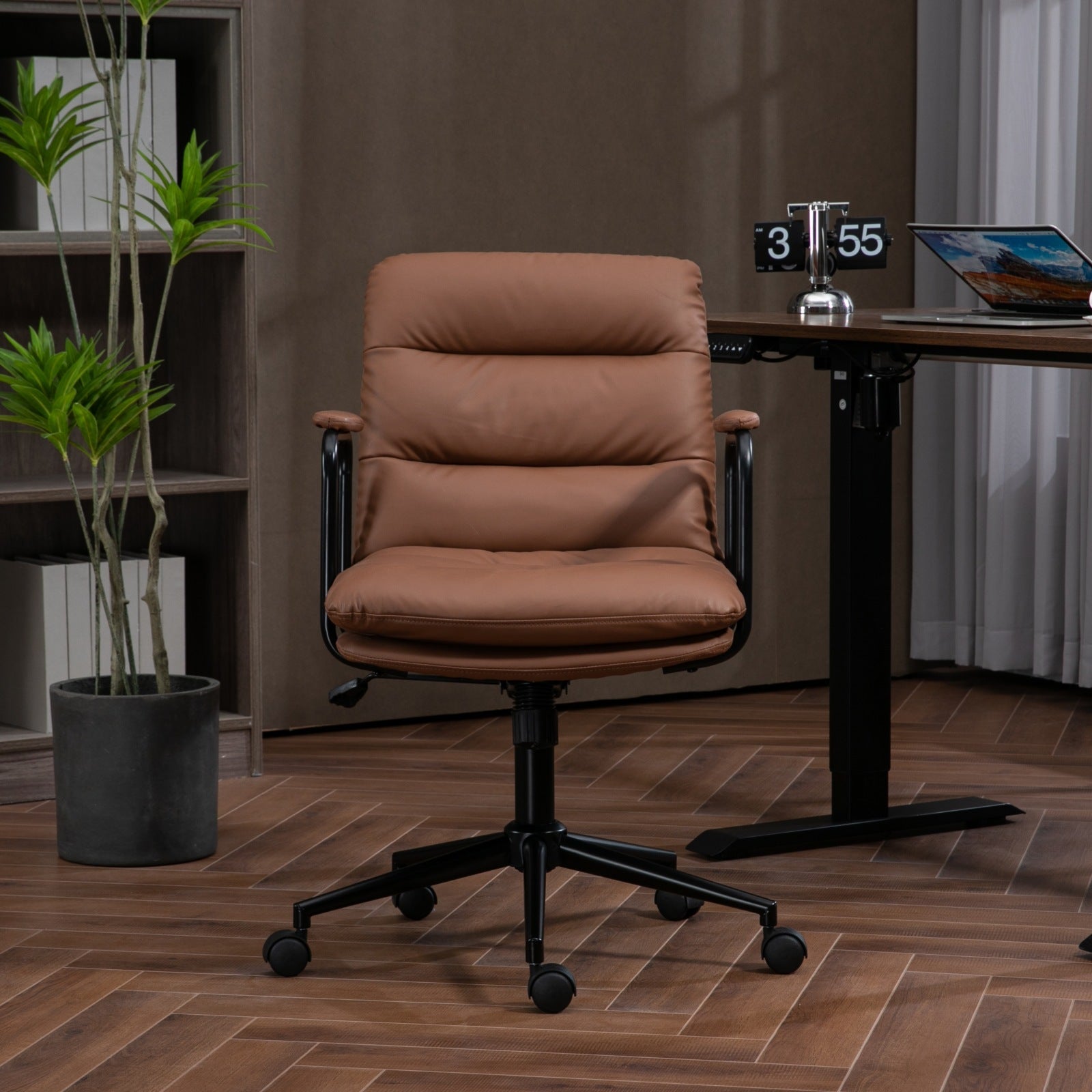 Office Chair,Mid Back Home Office Desk Task Chair With Wheels And Arms Ergonomic Pu Leather Computer Rolling Swivel Chair With Padded Armrest,The Back Of The Chair Can Recline 40 Brown Brown Office American Design Foam Pu Leather