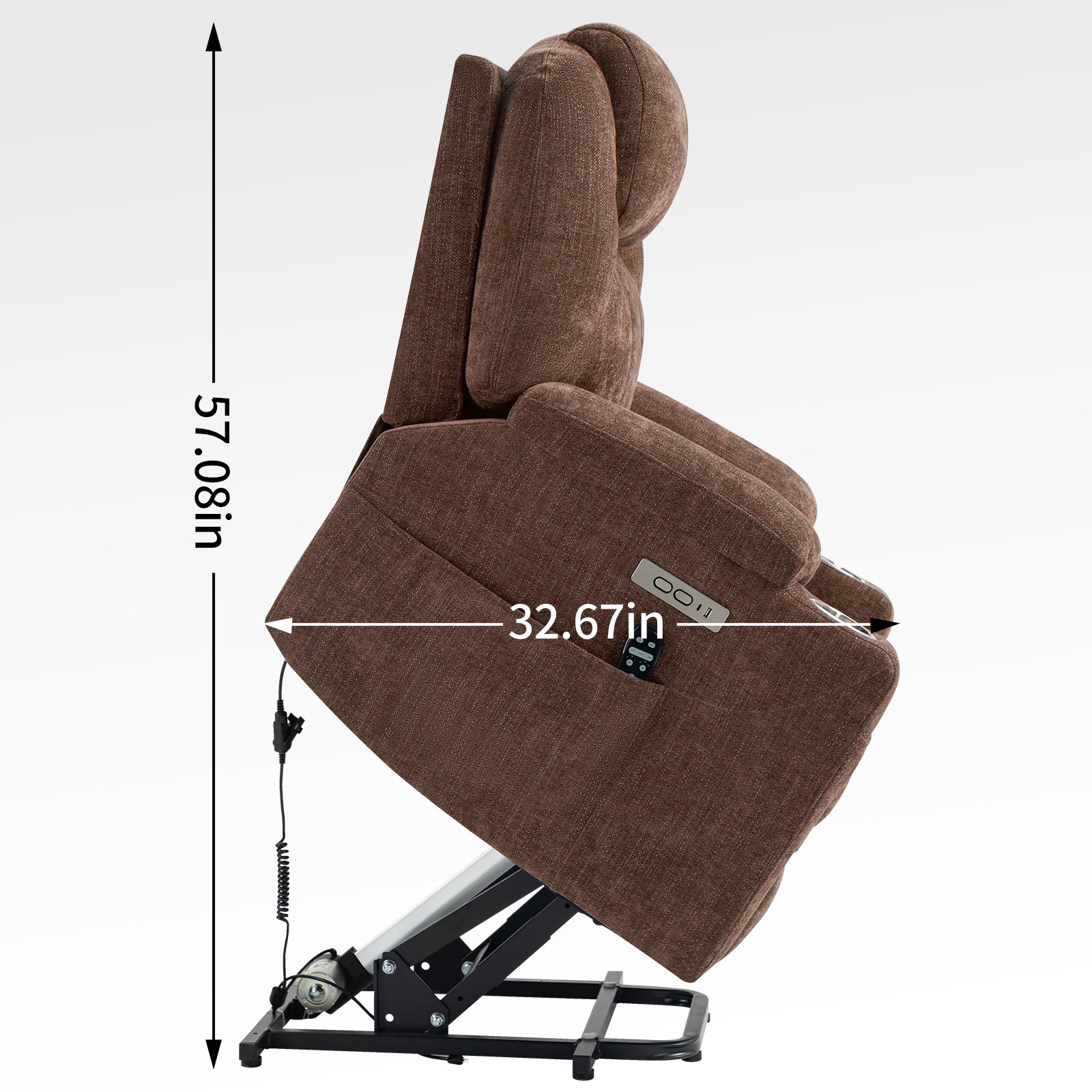 Up To 350 Lbs Chenille Power Lift Recliner Chair, Heavy Duty Motion Mechanism With 8 Point Vibration Massage And Lumbar Heating, Usb And Type C Ports, Stainless Steel Cup Holders, Brown White Metal Primary Living Space Heavy Duty Pine Brown Chenille