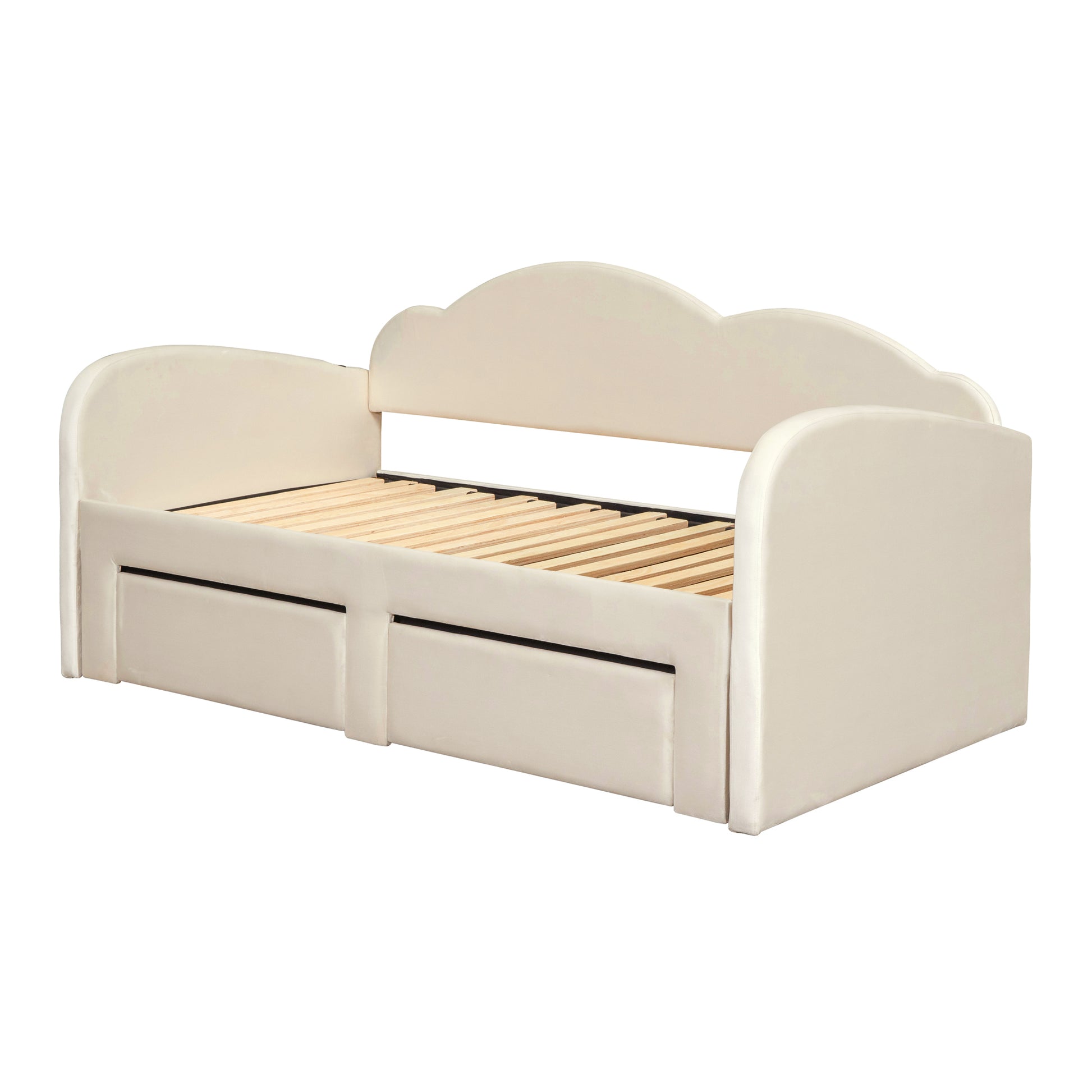 Twin Size Upholstered Daybed With Cloud Shaped Backrest, Trundle & 2 Drawers And Usb Ports, Beige Beige Velvet