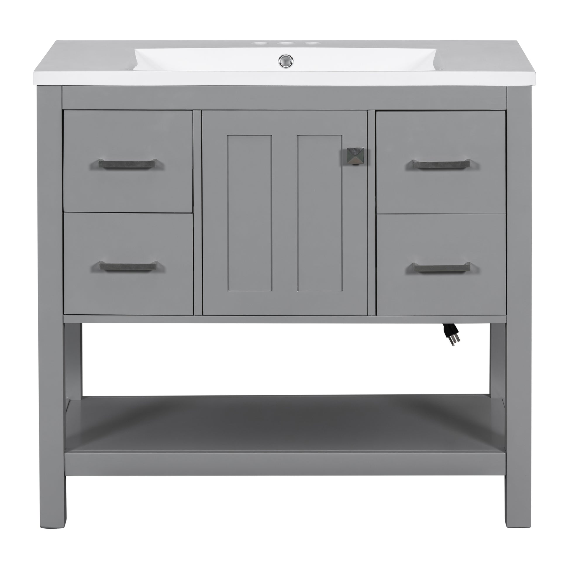 36" Gray Modern Bathroom Vanity With Usb,Two Shallow Drawers, One Deep Drawer,One Door,Single Resin Sink,Small Bathroom Organization Cabinet Gray Solid Wood Mdf Resin