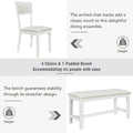 Farmhouse 6 Piece Trestle Dining Table Set With Upholstered Dining Chairs And Bench, 59Inch, White White Wood Dining Room Solid Wood Rubberwood Rectangular Dining Table With Chair And Bench Upholstered Chair Wood White Seats 6 Farmhouse Trestle Foam