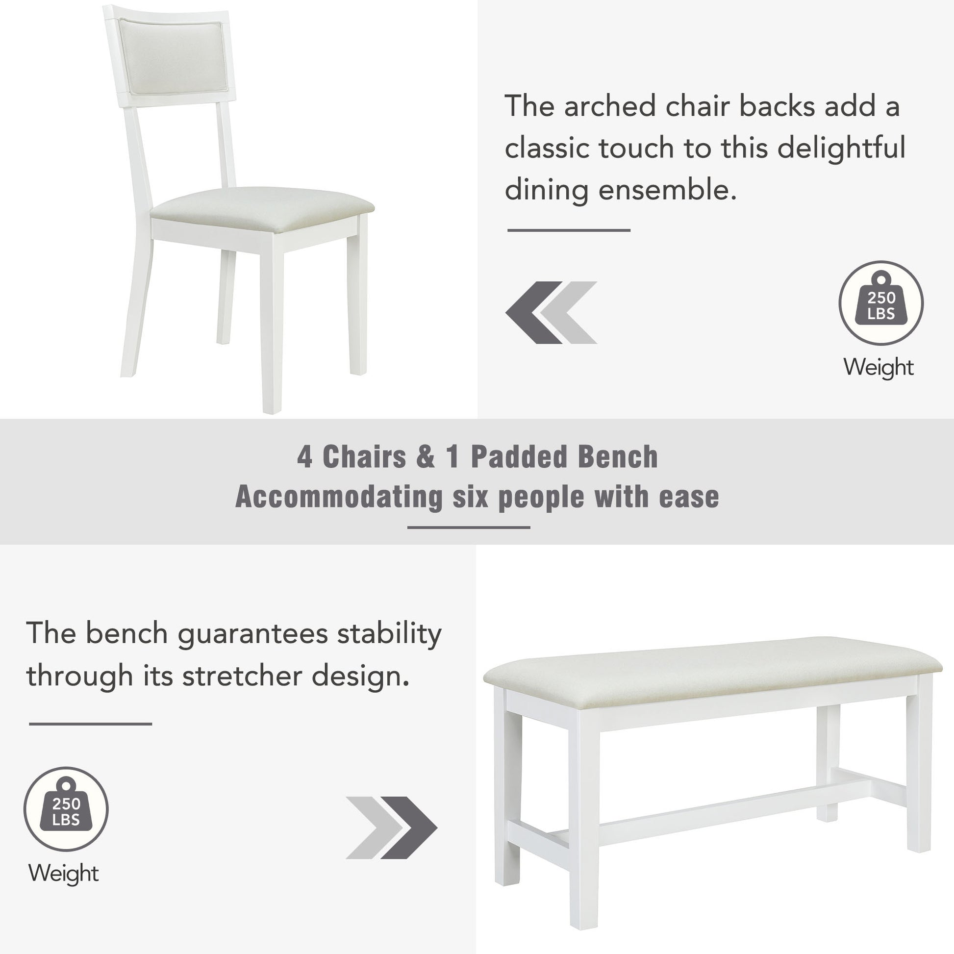 Farmhouse 6 Piece Trestle Dining Table Set With Upholstered Dining Chairs And Bench, 59Inch, White White Wood Dining Room Solid Wood Rubberwood Rectangular Dining Table With Chair And Bench Upholstered Chair Wood White Seats 6 Farmhouse Trestle Foam