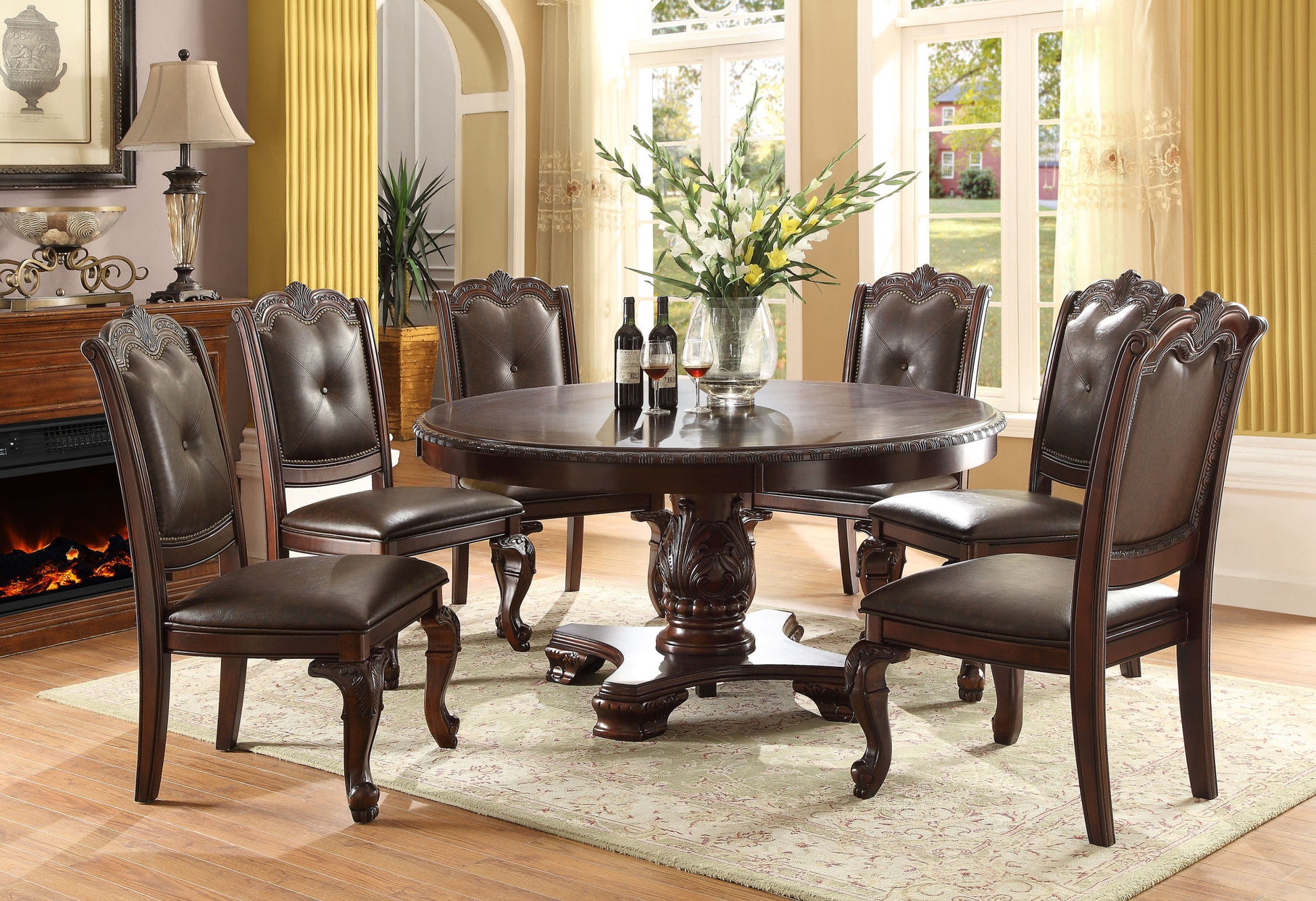 Beautiful Hand Carved Formal Traditional Dining Side Chair With Faux Leather Upholstered Padded Seat And Back Button Tufting Detail Dining Room Solid Wood Furniture Brown Espresso Brown Espresso Dining Room Traditional Side Chair Tufted Back Solid Wood