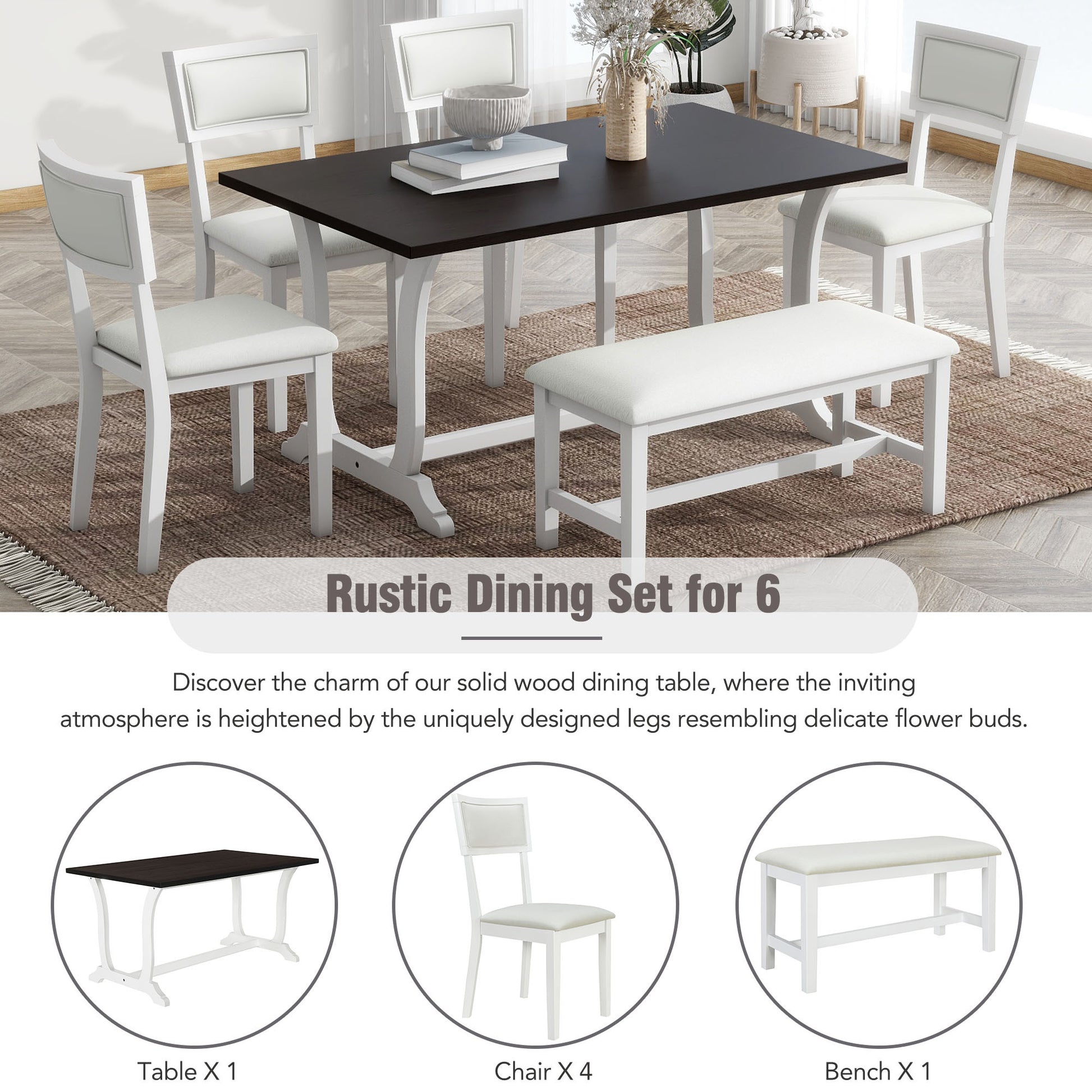 Farmhouse 6 Piece Trestle Dining Table Set With Upholstered Dining Chairs And Bench, 59Inch, White White Wood Dining Room Solid Wood Rubberwood Rectangular Dining Table With Chair And Bench Upholstered Chair Wood White Seats 6 Farmhouse Trestle Foam