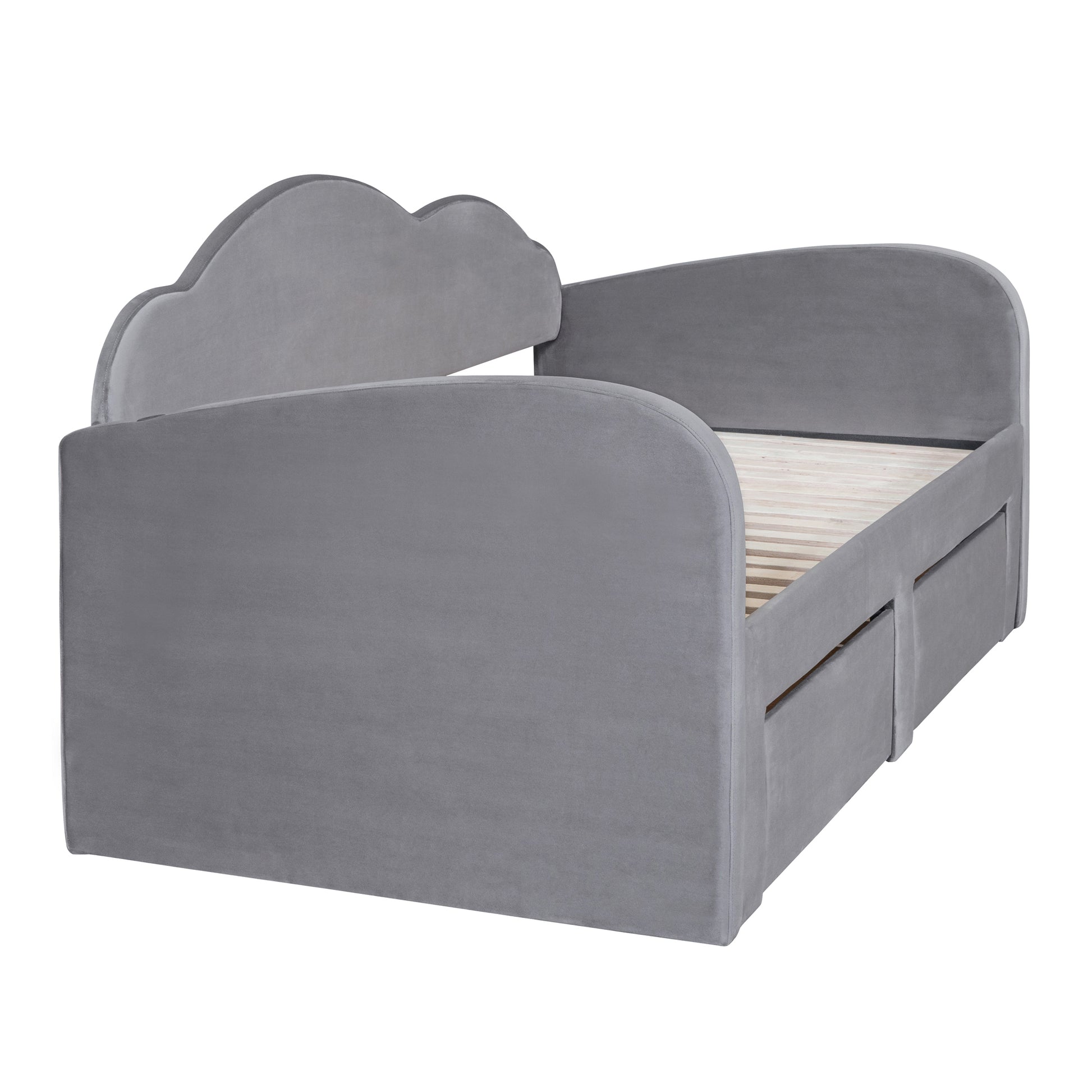 Twin Size Upholstered Daybed With Cloud Shaped Backrest, Trundle & 2 Drawers And Usb Ports, Gray Twin Gray Velvet