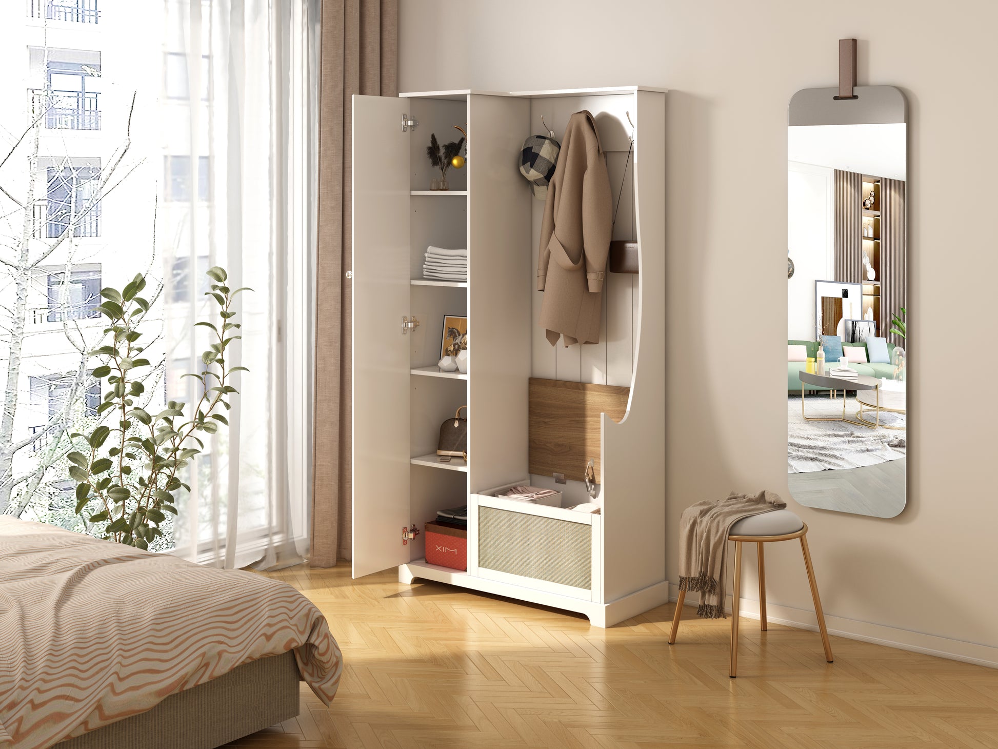 Hall Tree With Bench, Storage Cabinet, Suitable For Living Room, Entryway, Bedroom White Mdf