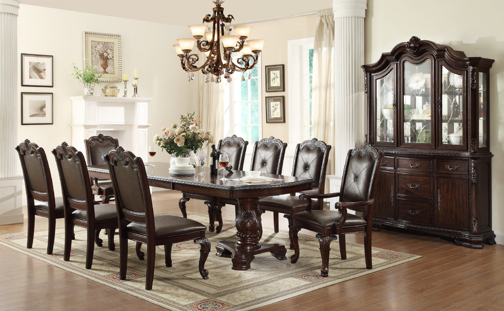 Beautiful Hand Carved Formal Traditional Dining Side Chair With Faux Leather Upholstered Padded Seat And Back Button Tufting Detail Dining Room Solid Wood Furniture Brown Espresso Brown Espresso Dining Room Traditional Side Chair Tufted Back Solid Wood