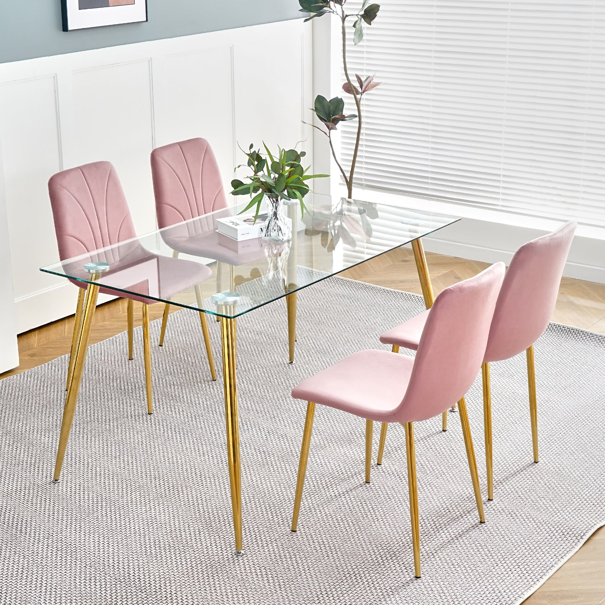 Modern Simple Light Luxury Dining Pink Chair Home Bedroom Stool Back Dressing Chair Student Desk Chair Gold Metal Legs Set Of 4 Pink Metal