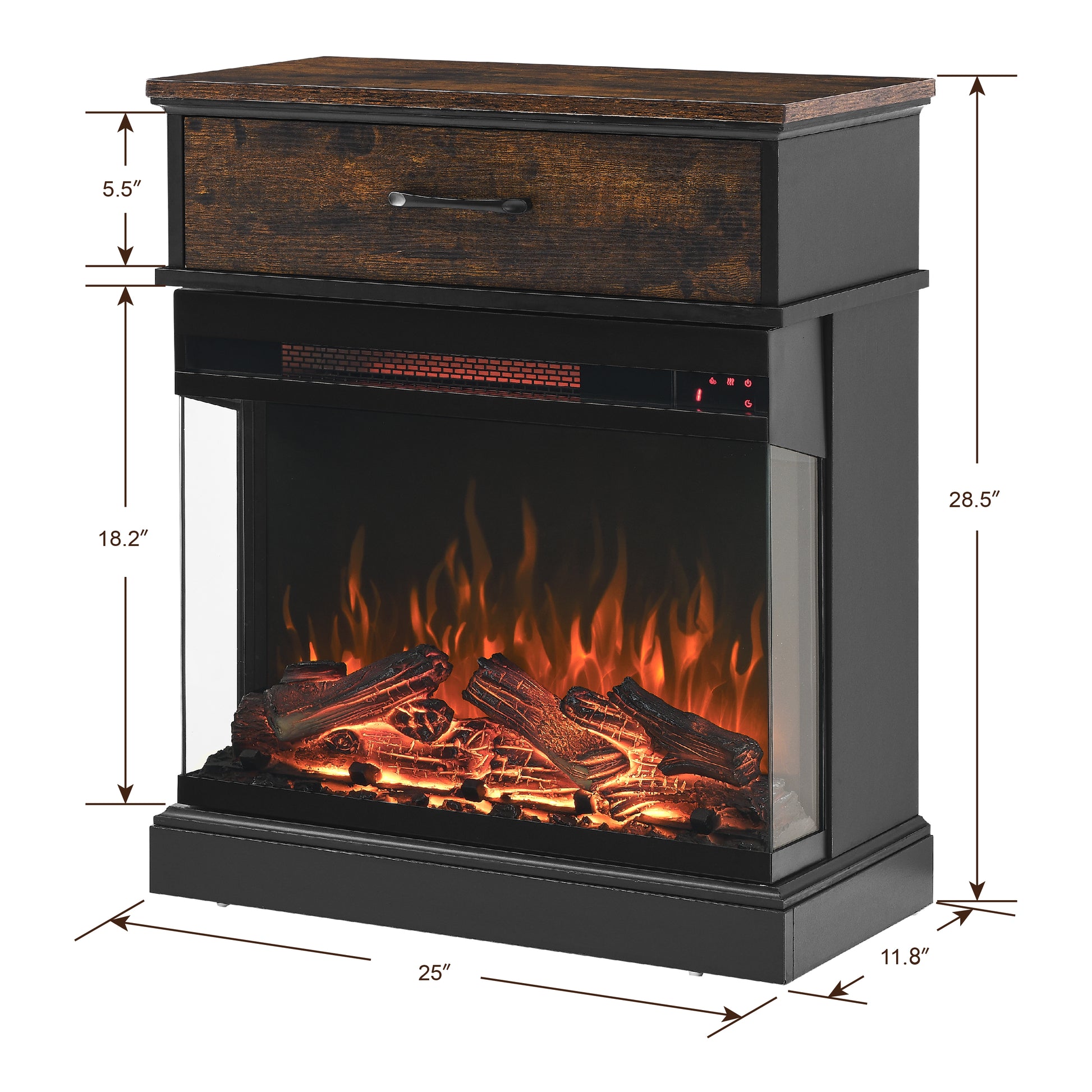 25 Inch Stand Side Table With 3 Sided Glass Electric Fireplace Powder Coated Electric Antique Black Vent Free Primary Living Space Yes Insert Wood Stainless Steel Glass Electric