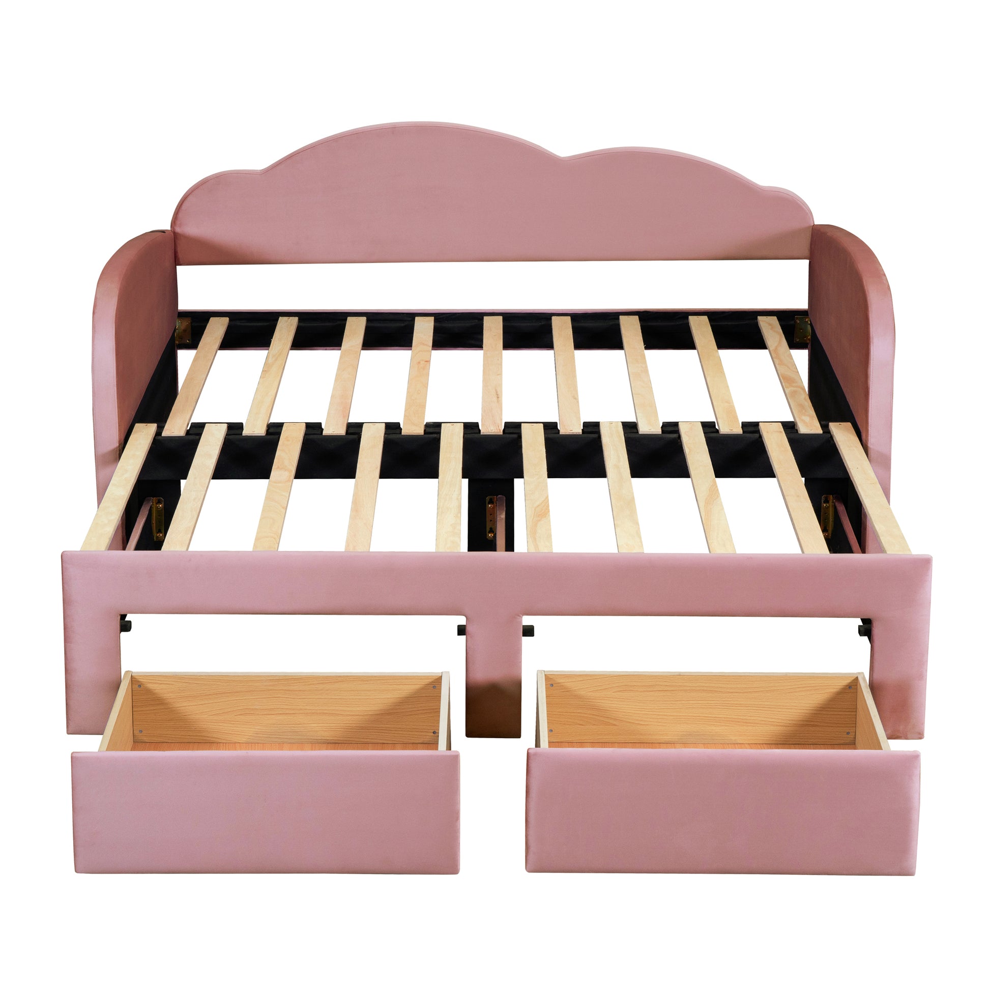 Twin Size Upholstered Daybed With Cloud Shaped Backrest, Trundle & 2 Drawers And Usb Ports, Pink Pink Velvet