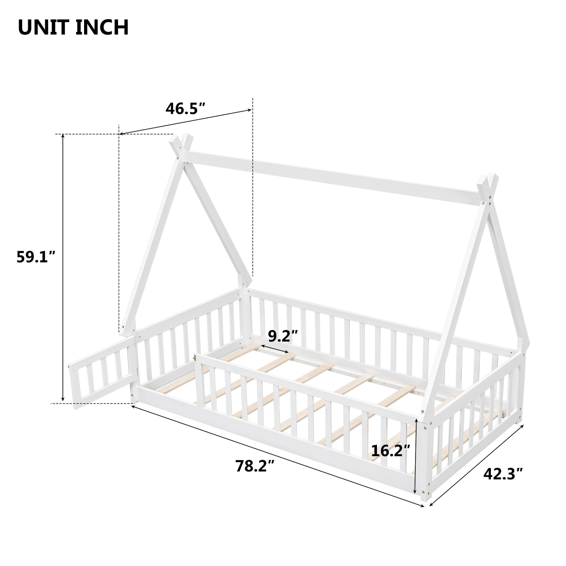 Twin Tent Shaped Floor Bed, With Guardrails, Slats, Door ,White Twin White Wood Bedroom American Design Pine Bed Frame Pine