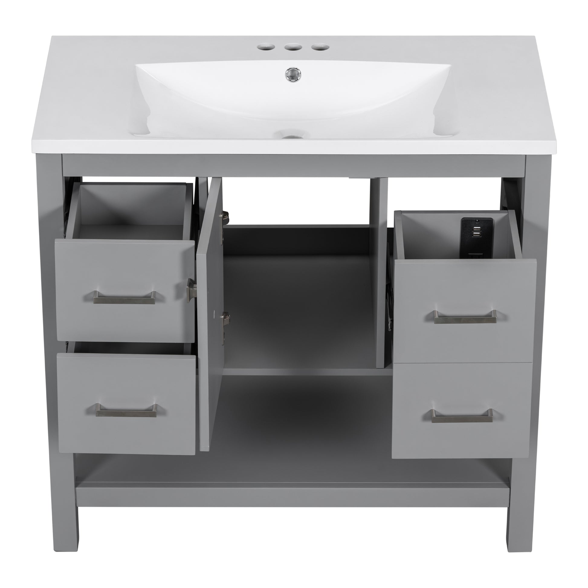 36" Gray Modern Bathroom Vanity With Usb,Two Shallow Drawers, One Deep Drawer,One Door,Single Resin Sink,Small Bathroom Organization Cabinet Gray Solid Wood Mdf Resin