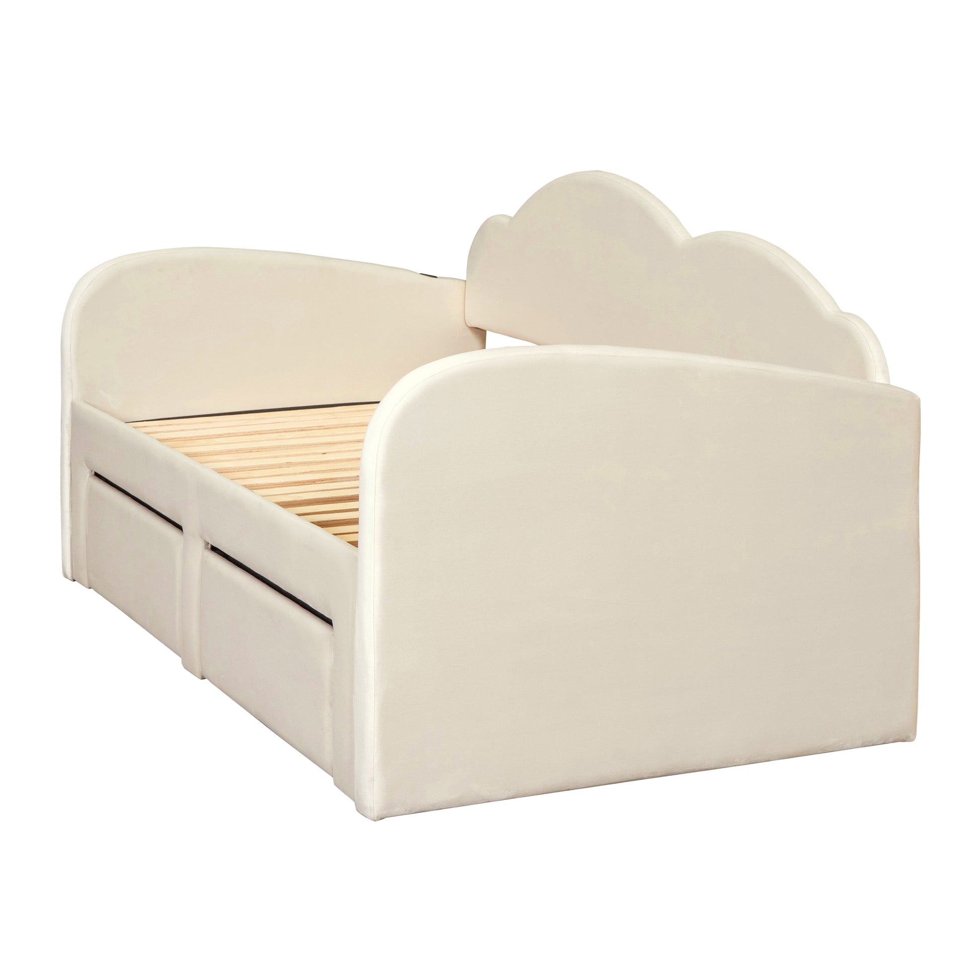 Twin Size Upholstered Daybed With Cloud Shaped Backrest, Trundle & 2 Drawers And Usb Ports, Beige Beige Velvet