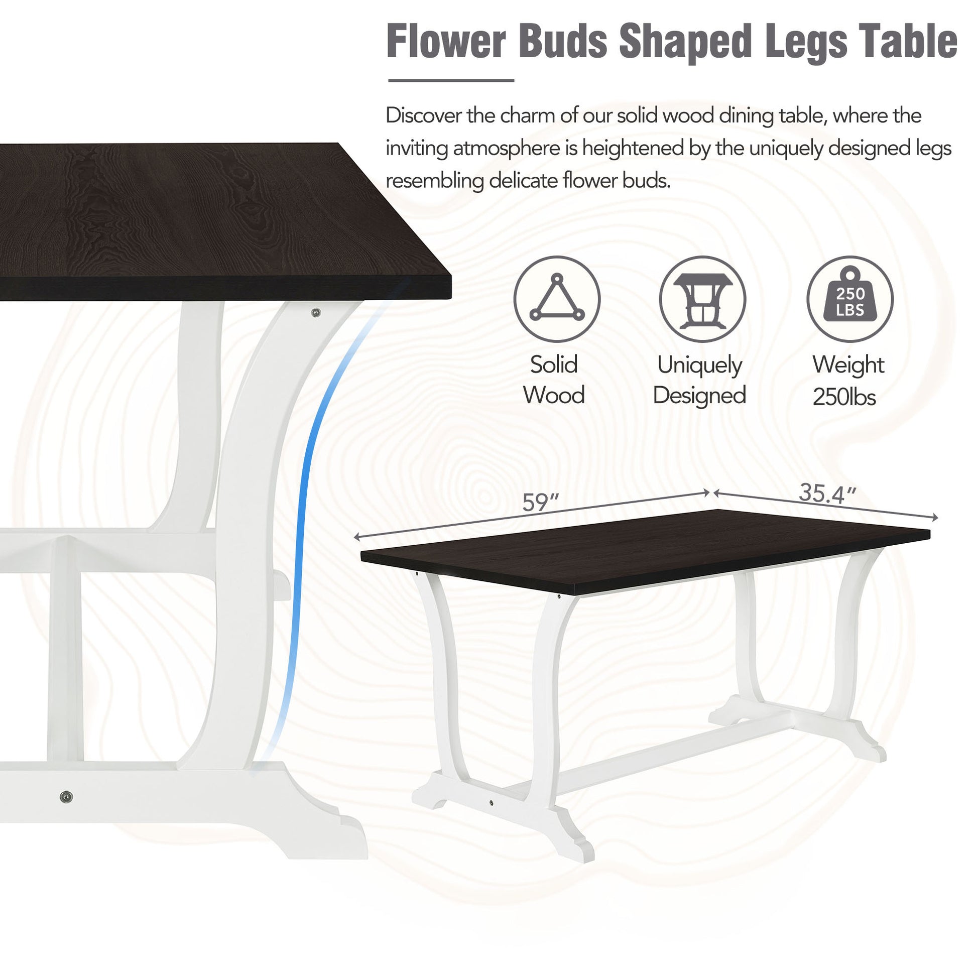 Farmhouse 6 Piece Trestle Dining Table Set With Upholstered Dining Chairs And Bench, 59Inch, White White Wood Dining Room Solid Wood Rubberwood Rectangular Dining Table With Chair And Bench Upholstered Chair Wood White Seats 6 Farmhouse Trestle Foam