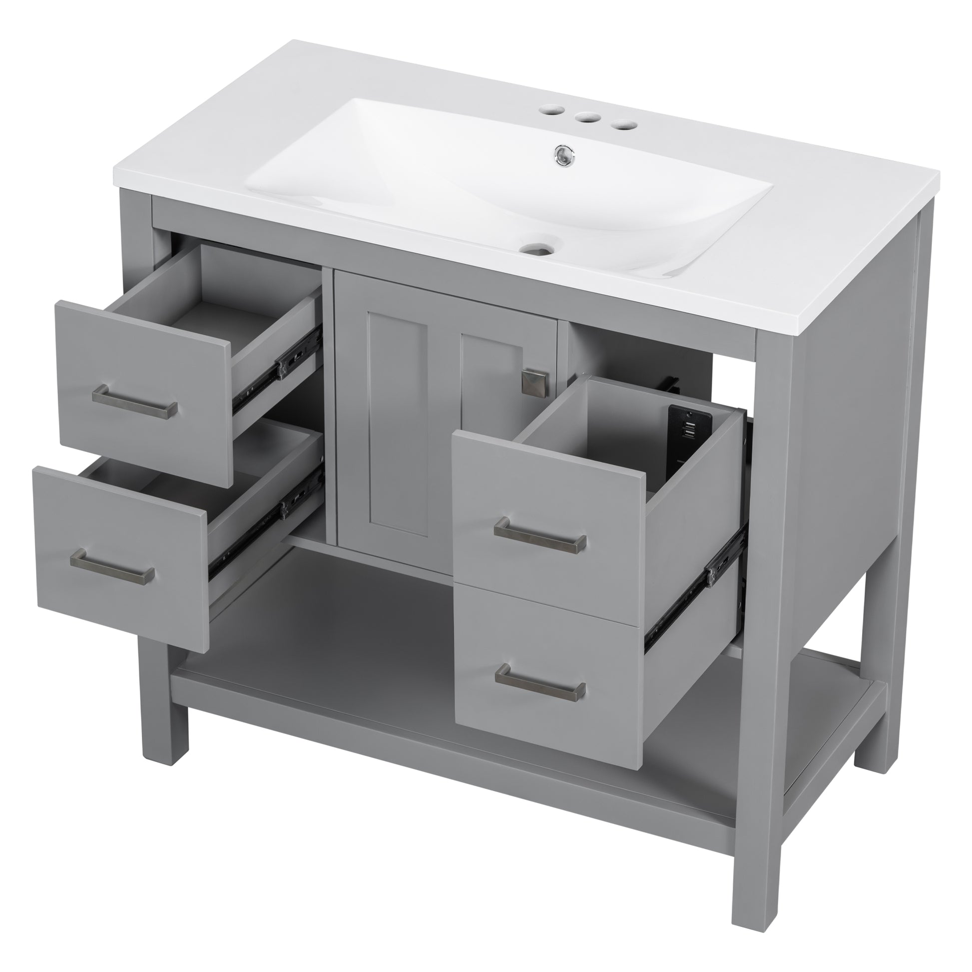 36" Gray Modern Bathroom Vanity With Usb,Two Shallow Drawers, One Deep Drawer,One Door,Single Resin Sink,Small Bathroom Organization Cabinet Gray Solid Wood Mdf Resin