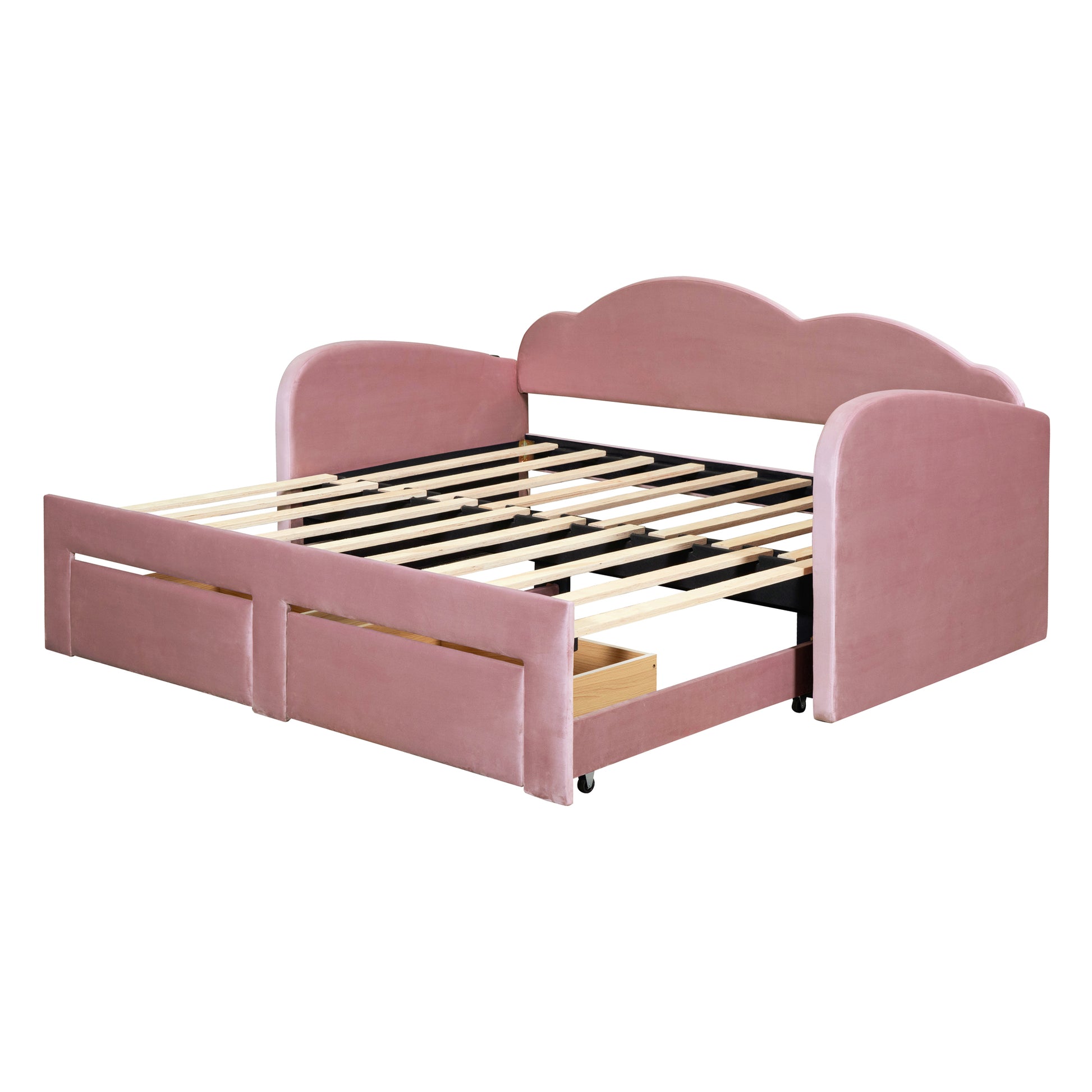 Twin Size Upholstered Daybed With Cloud Shaped Backrest, Trundle & 2 Drawers And Usb Ports, Pink Pink Velvet