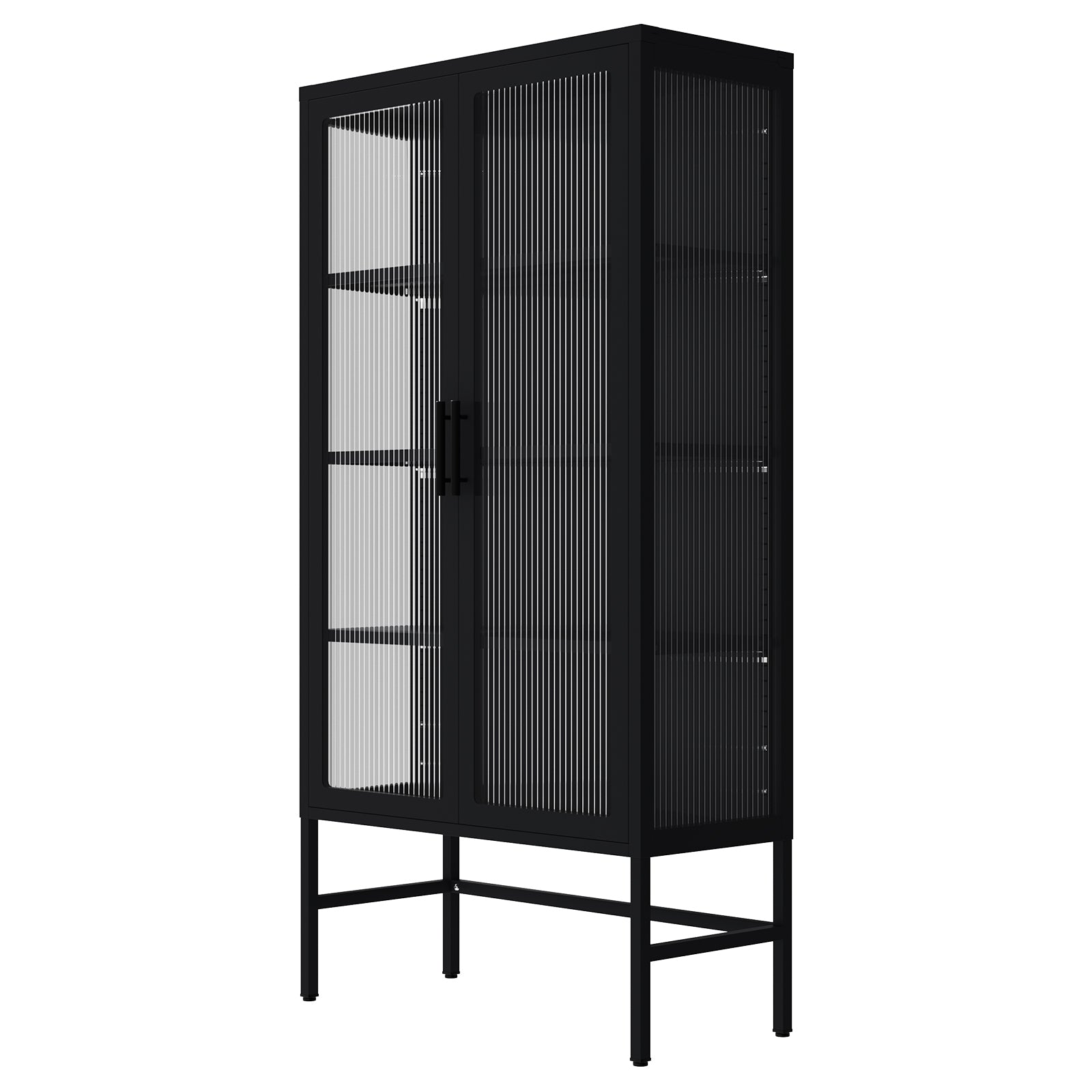 Double Glass Door Storage Cabinet With Adjustable Shelves And Feet Cold Rolled Steel Sideboard Furniture For Living Room Kitchen Black Black Tempered Glass