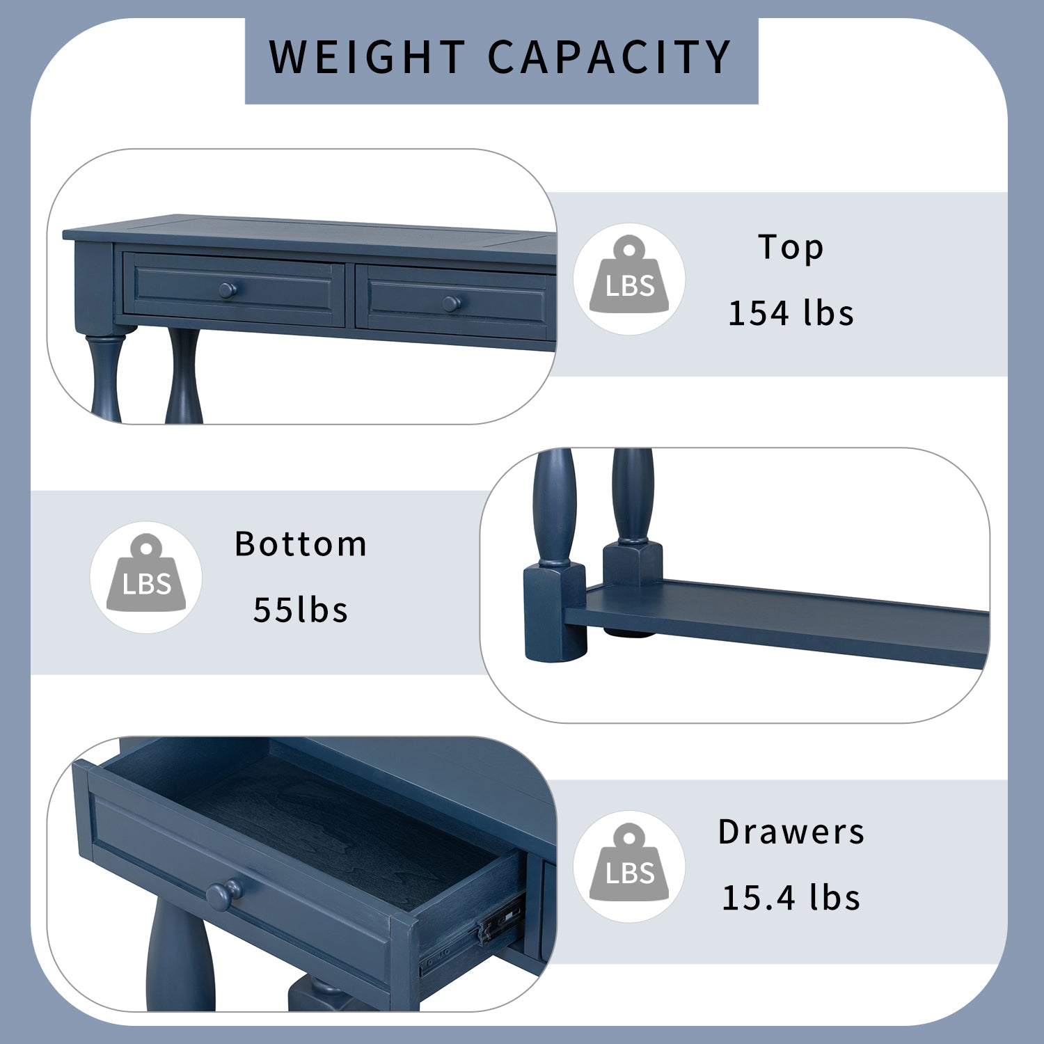 Console Table 63" Long Console Table With Drawers And Shelf For Entryway, Hallway, Living Room Navy, Old Sku: Wf299371Aam Navy Solid Wood