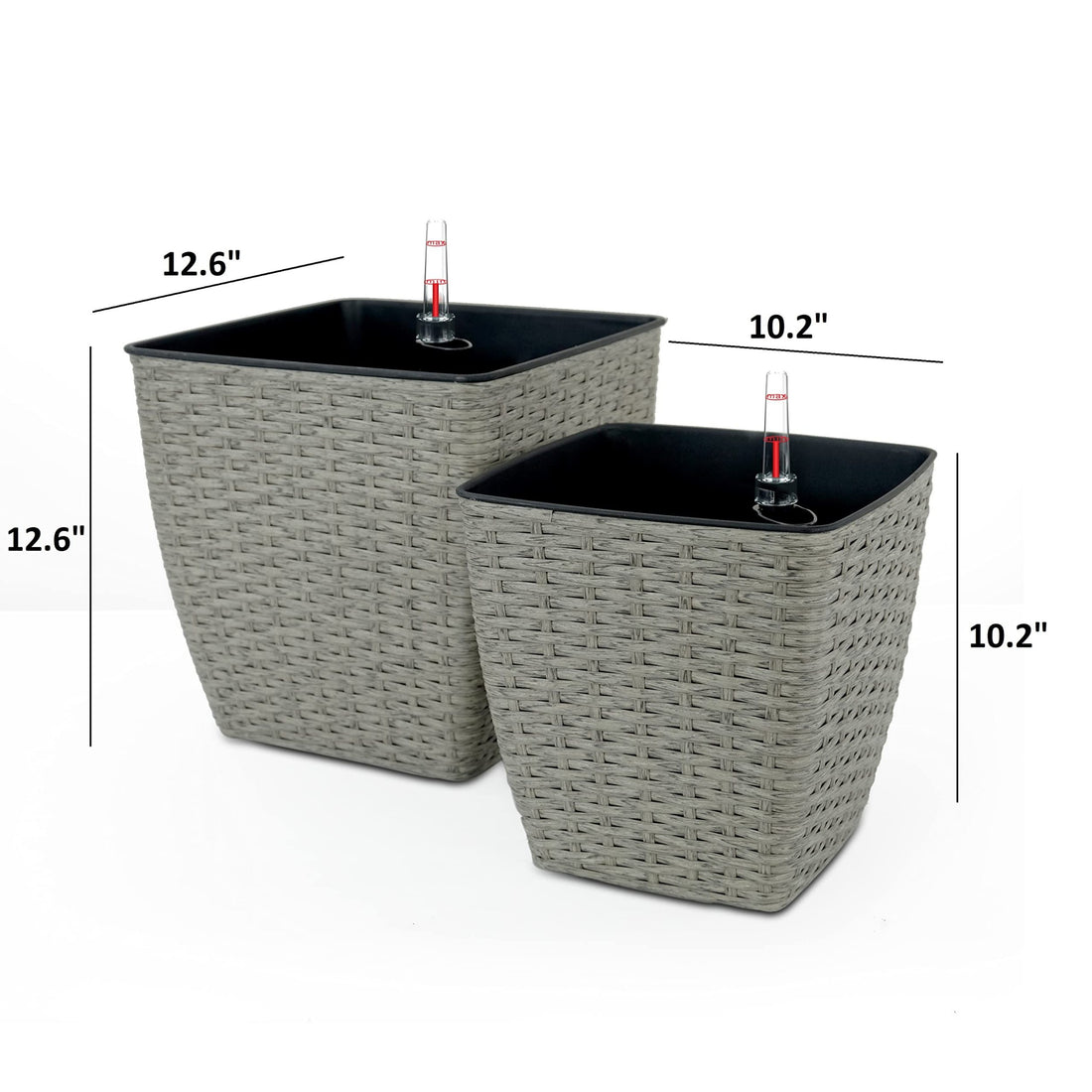 2 Pack Self Watering Planter Hand Woven Wicker Thin Square Gray Plastic Rattan