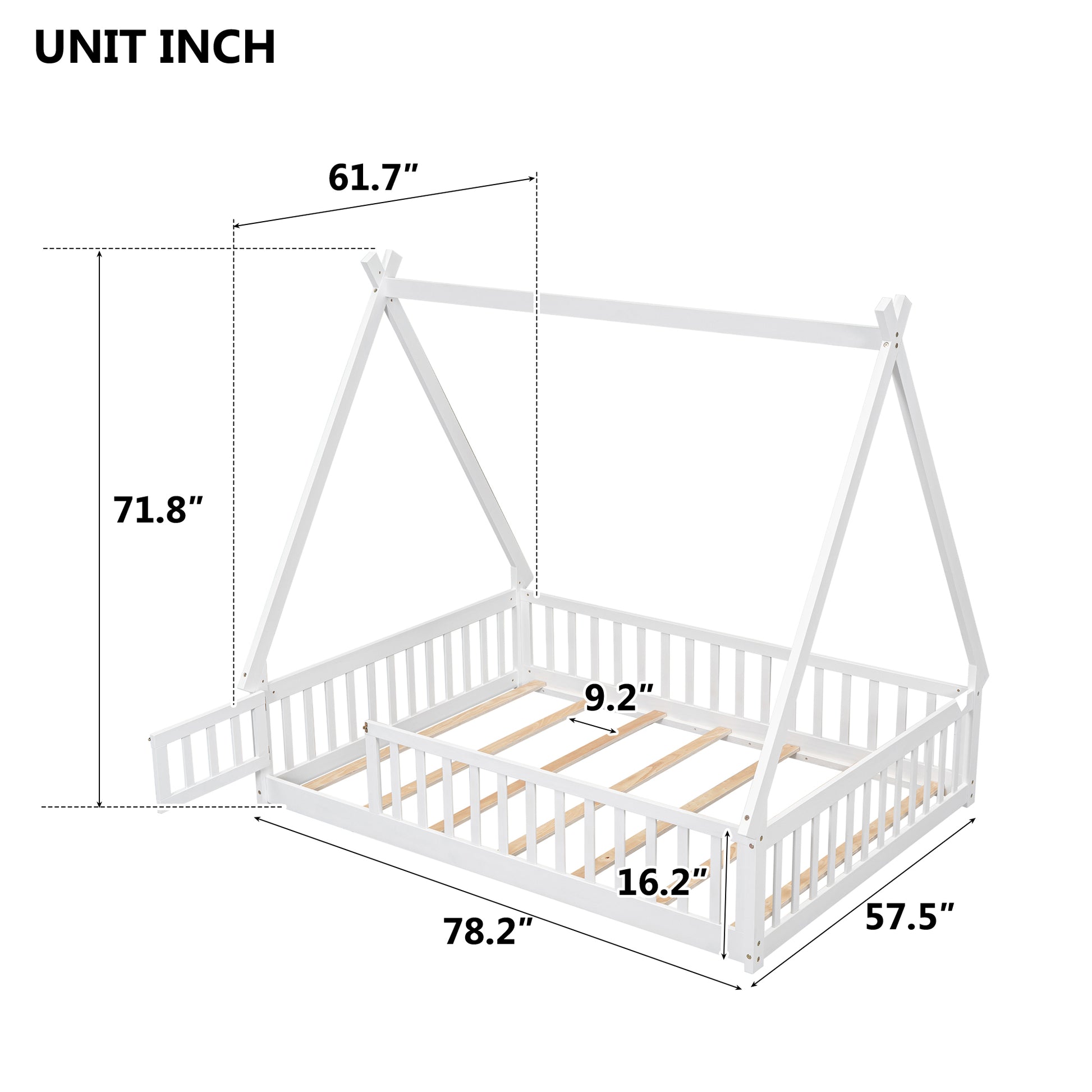Full Tent Shaped Floor Bed, With Guardrails, Slats, Door ,White Full White Wood Bedroom American Design Pine Bed Frame Pine