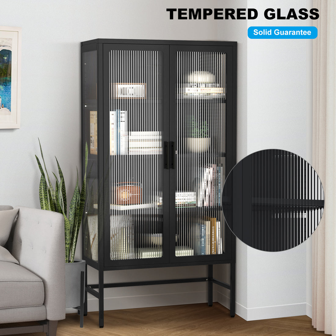 Double Glass Door Storage Cabinet With Adjustable Shelves And Feet Cold Rolled Steel Sideboard Furniture For Living Room Kitchen Black Black Tempered Glass