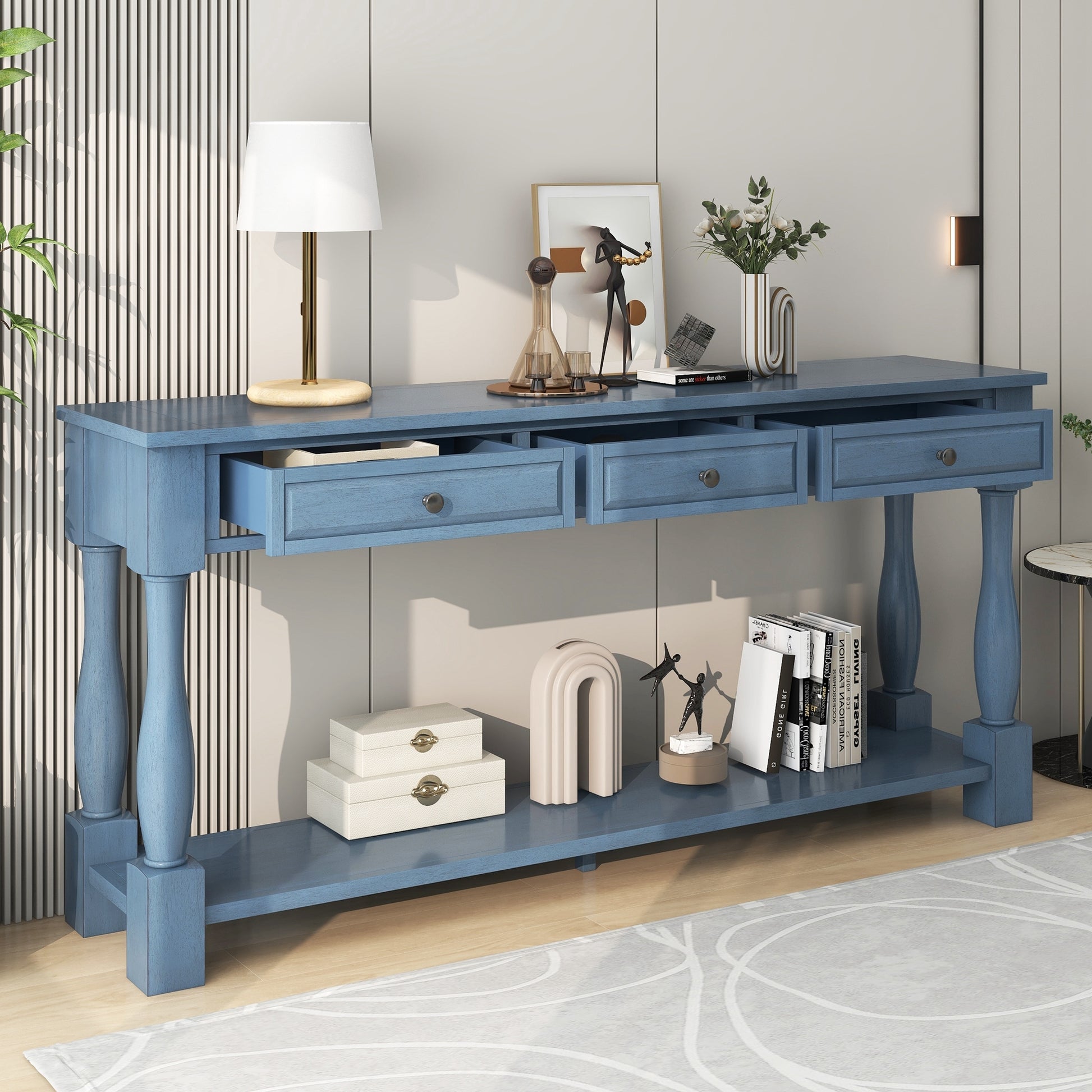 Console Table 63" Long Console Table With Drawers And Shelf For Entryway, Hallway, Living Room Navy, Old Sku: Wf299371Aam Navy Solid Wood