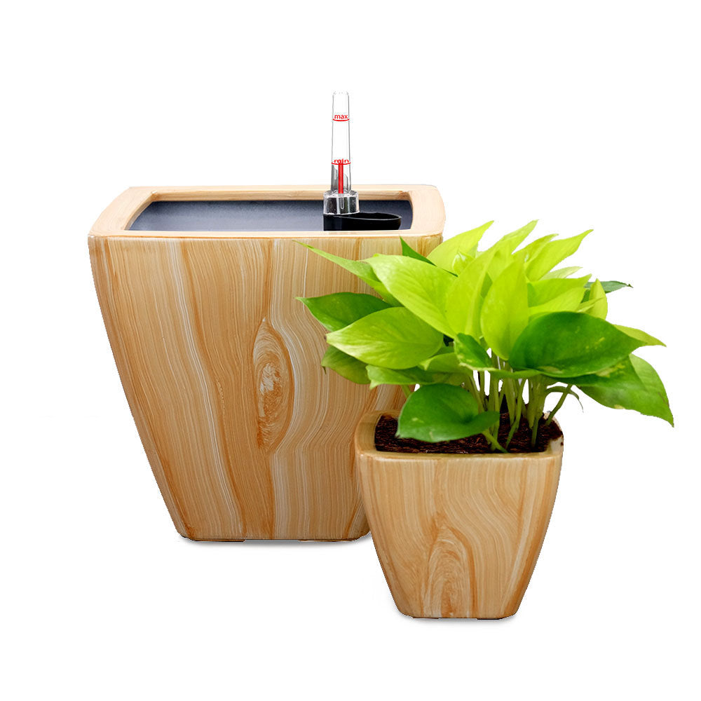 2 Pack Smart Self Watering Planter Pot For Indoor And Outdoor Light Wood Square Cone Light Brown Abs