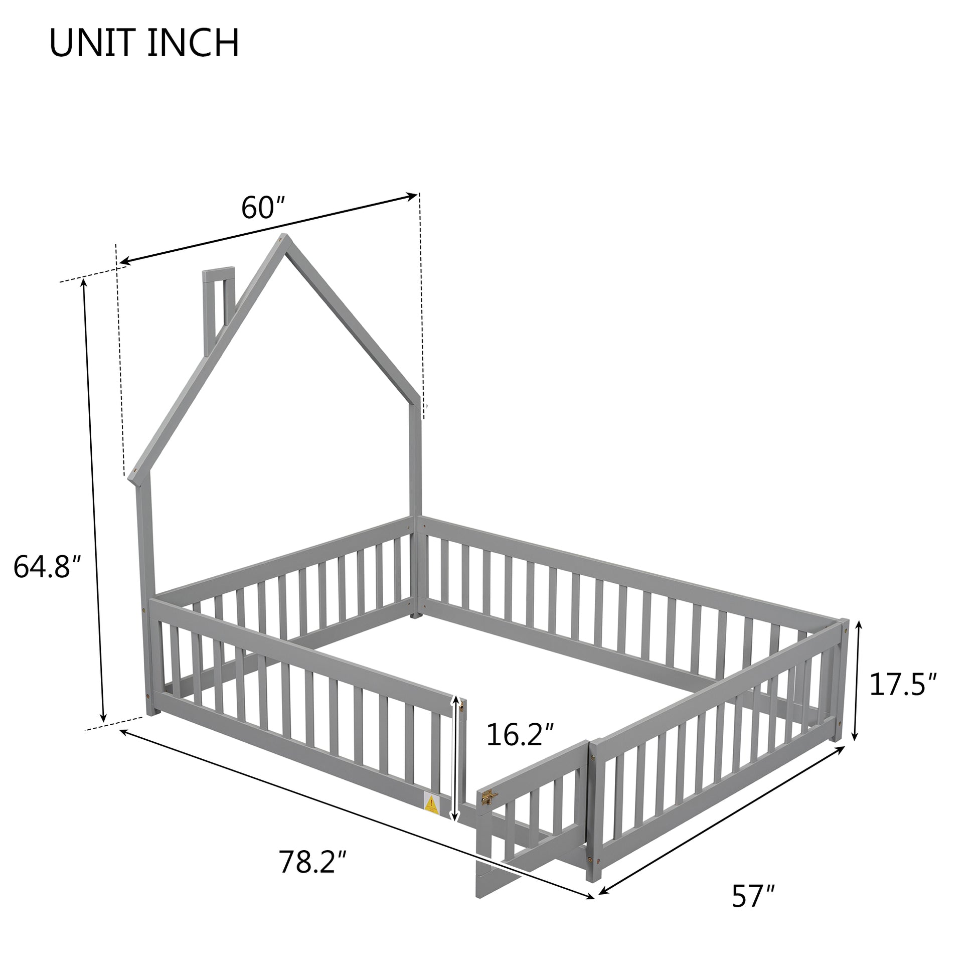 Full House Shaped Headboard Floor Bed With Fence ,Grey Full Grey Wood Bedroom American Design Pine Bed Frame Pine