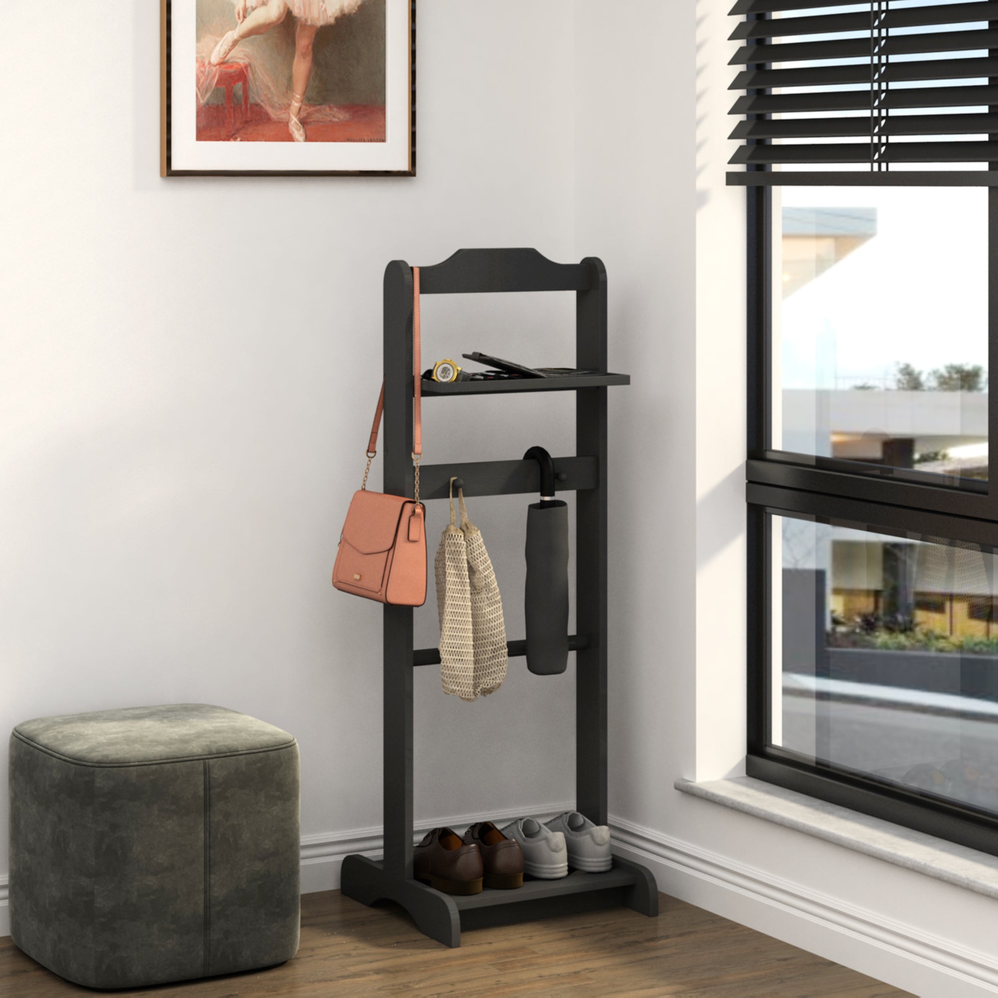 Accent Portable Garment Rack,Clothes Valet Stand With Storage Organizer,Black Finish Black Mdf