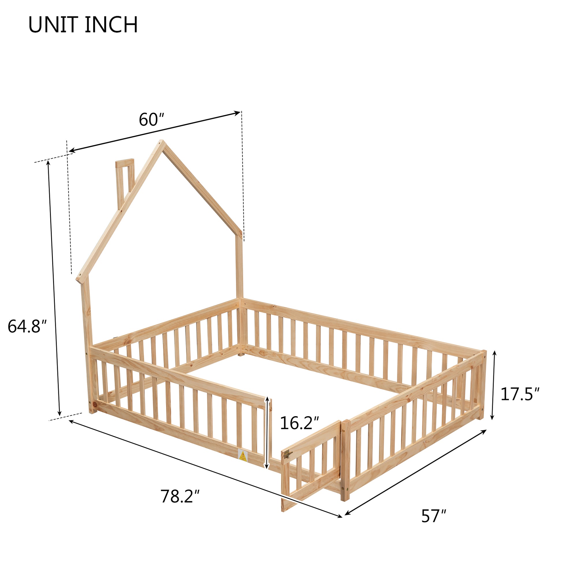 Full House Shaped Headboard Floor Bed With Fence,Natural Full Natural Wood Bedroom American Design Pine Bed Frame Pine