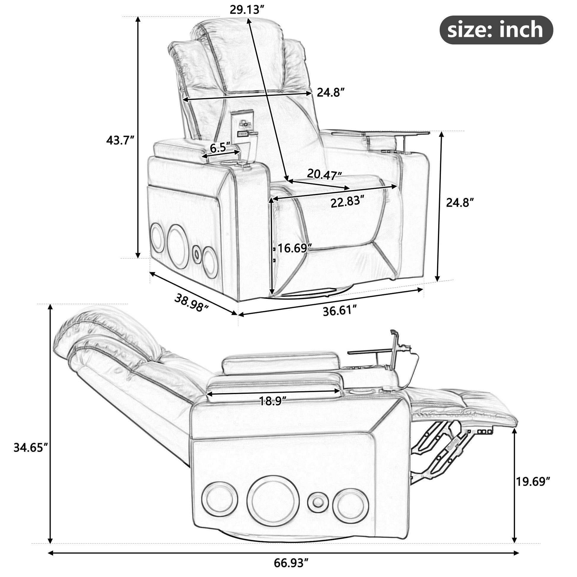 270 Degree Swivel Pu Leather Power Recliner Individual Seat Home Theater Recliner With Surround Sound, Cup Holder, Removable Tray Table, Hidden Arm Storage For Living Room, Grey Grey Foam Pu Leather