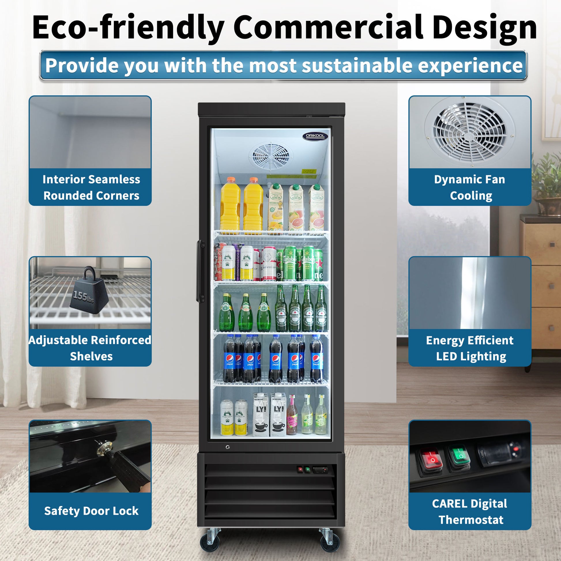 Orikool Glass Door Merchandiser Refrigerator 19.2 Cu.Ft Swing Door Commercial Display Refrigerators Merchandising Refrigeration With Led Top Panel Black Steel