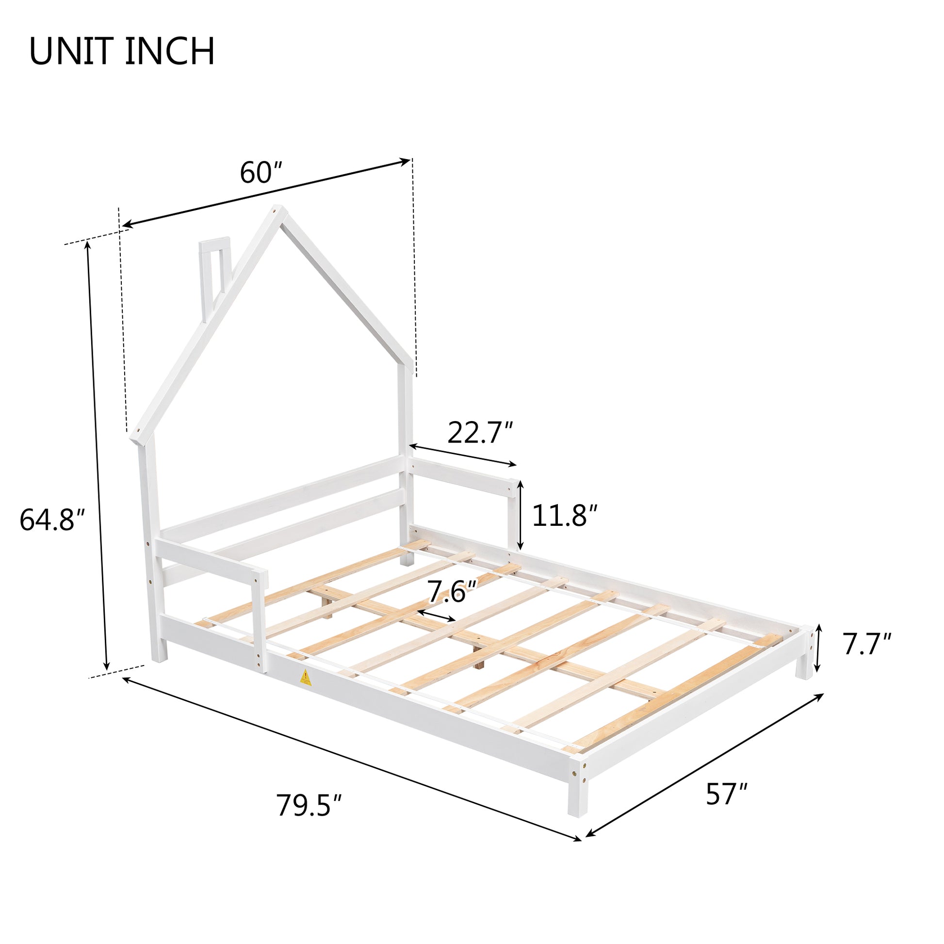 Full House Shaped Headboard Bed With Handrails ,Slats ,White Full White Wood Bedroom American Design Pine Bed Frame Pine