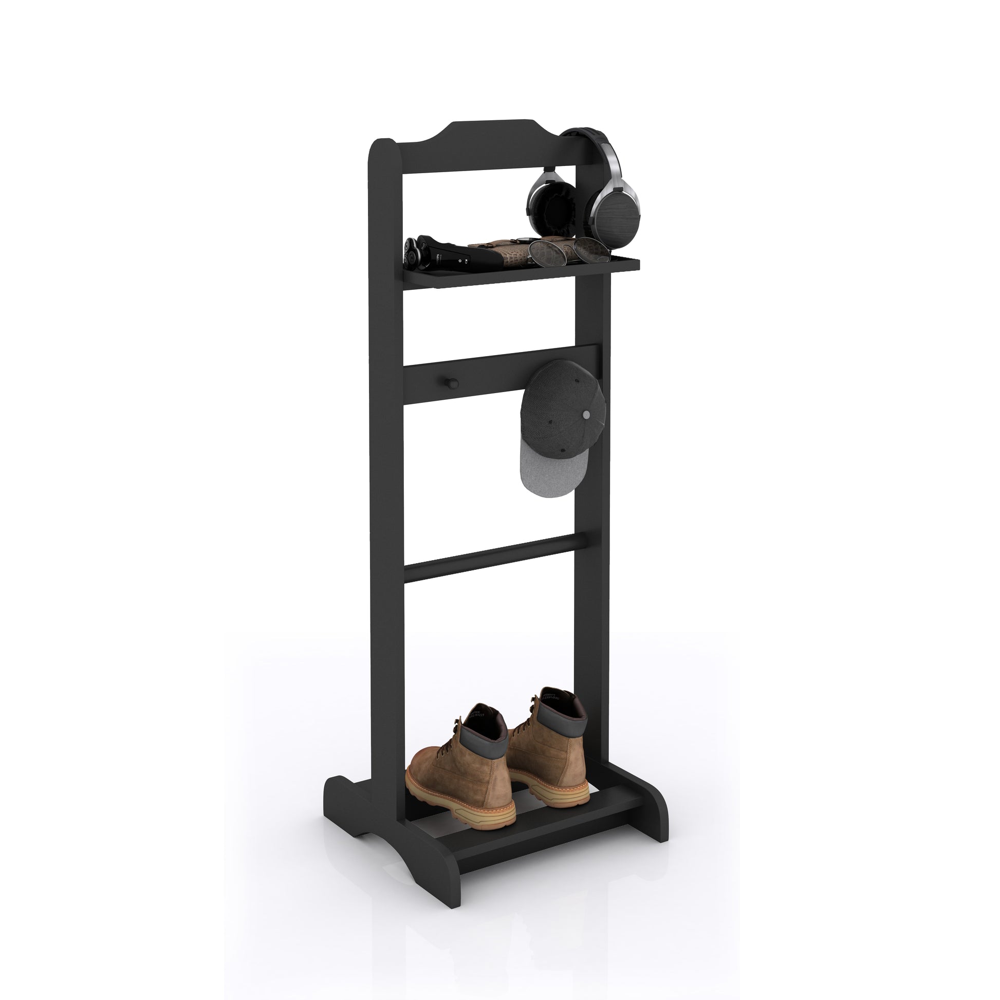 Accent Portable Garment Rack,Clothes Valet Stand With Storage Organizer,Black Finish Black Mdf