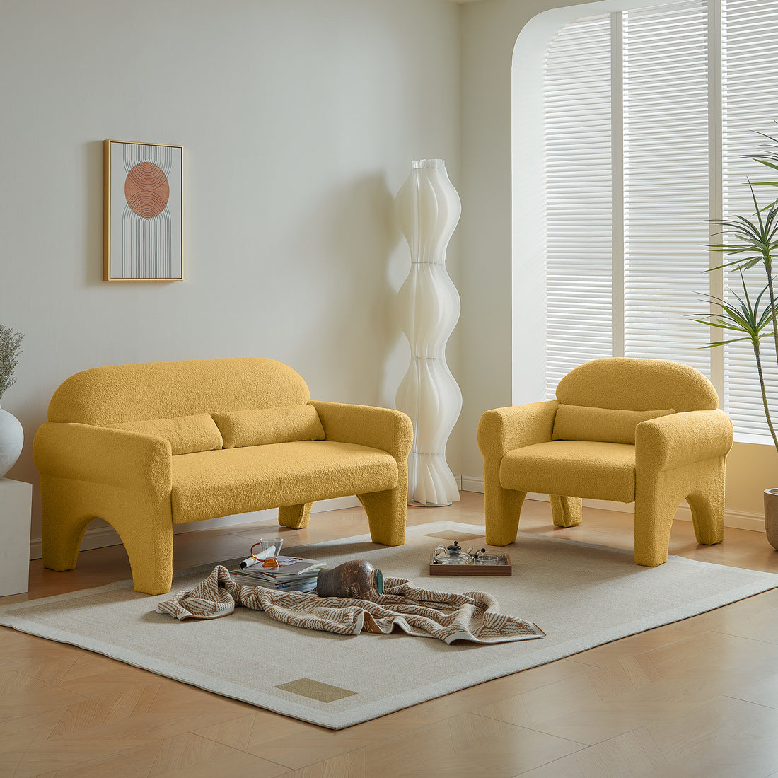 2 Piece Set Sofa Couch,Modern Boucle Seat & Accent Chair For Living Room Yellow Foam 3 Seat