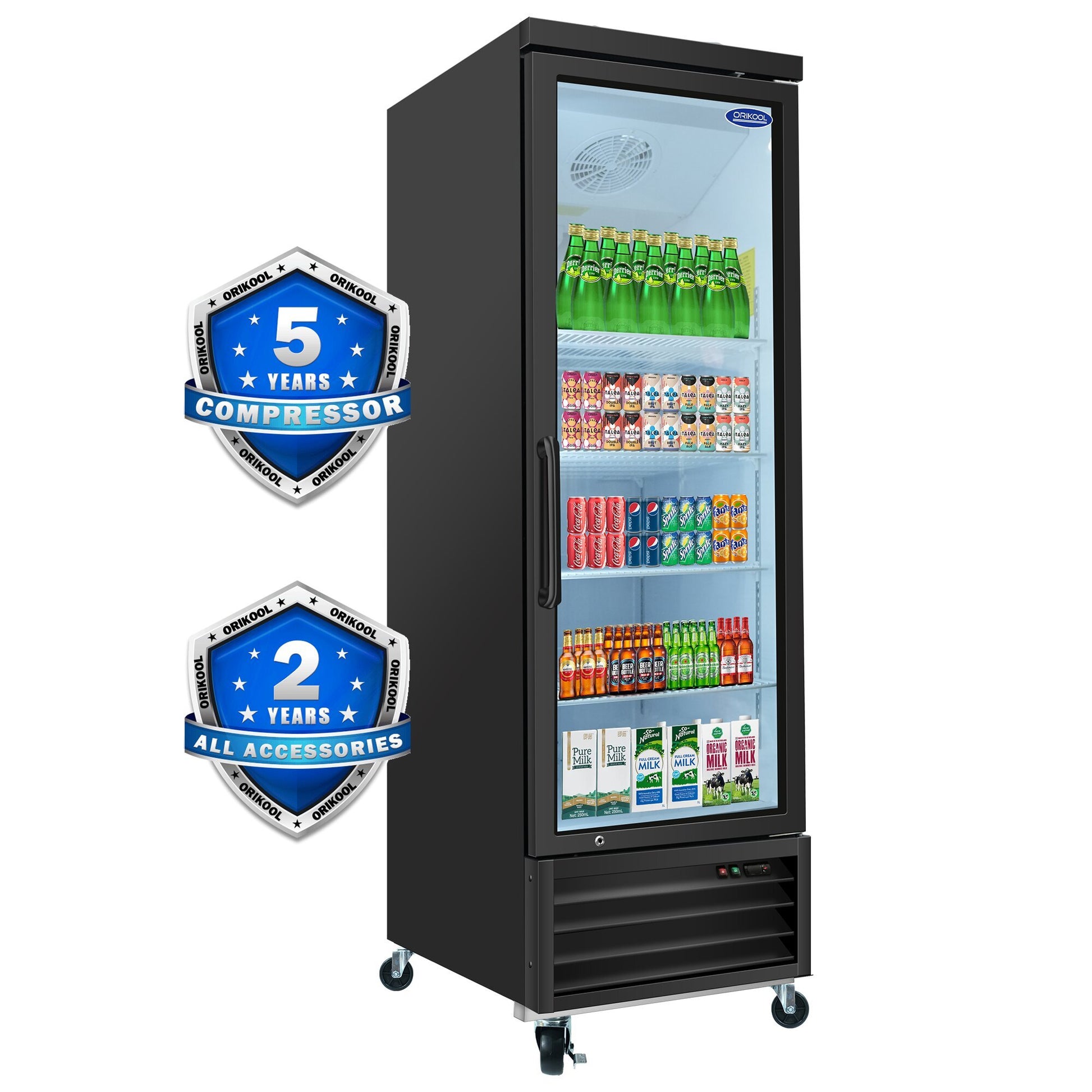 Orikool Glass Door Merchandiser Refrigerator 19.2 Cu.Ft Swing Door Commercial Display Refrigerators Merchandising Refrigeration With Led Top Panel Black Steel