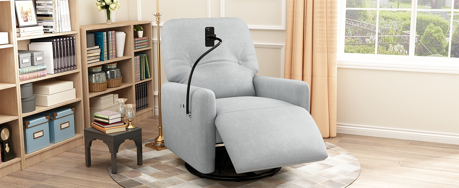 270 Degree Swivel Electric Recliner Home Theater Seating Single Reclining Sofa Rocking Motion Recliner With A Phone Holder For Living Room, Grey Grey Foam Polyester