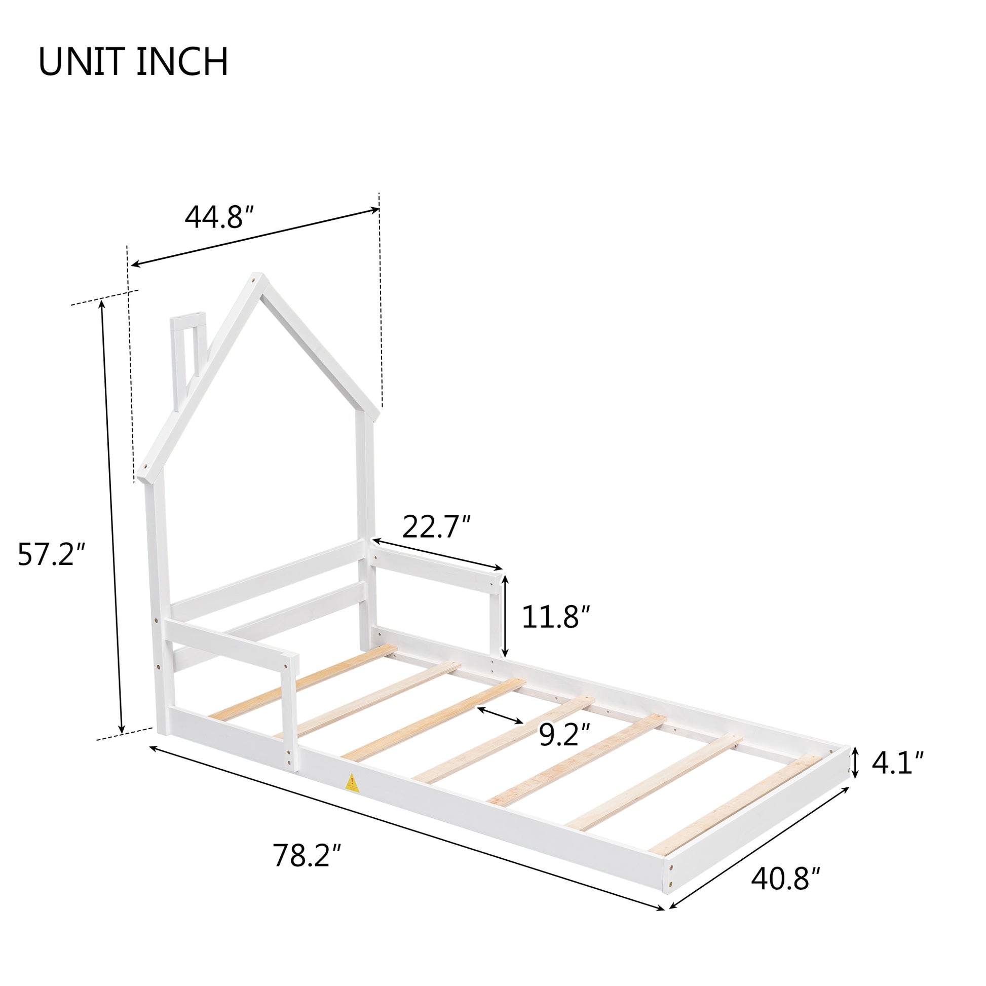 Twin House Shaped Headboard Floor Bed With Handrails ,Slats,White Twin White Wood Bedroom American Design Pine Bed Frame Pine