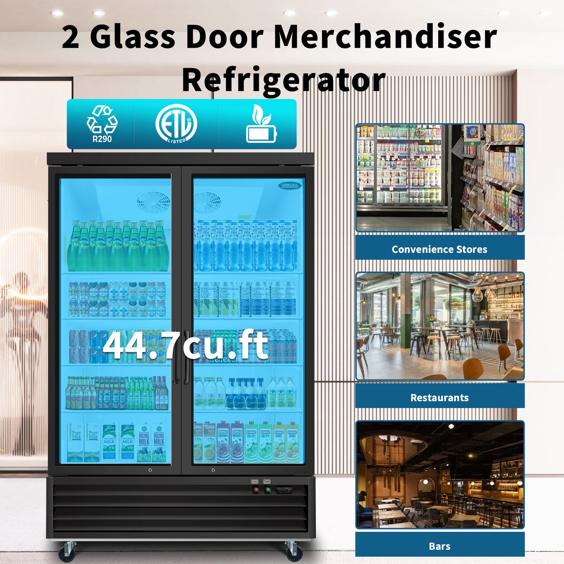 Orikool Glass Door Merchandiser Refrigerator 44.7 Cu.Ft Swing Door Commercial Display Refrigerators Merchandising Refrigeration Black Steel